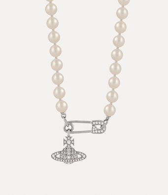 Punk Style Silver-Tone Pearl Necklace with Safety Pin & Crystal Saturn Charm | Trendy Everyday Fashion Accessory