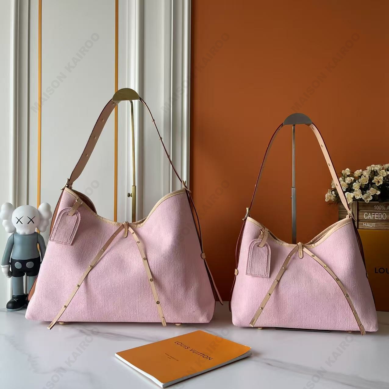 Louis Vuitton LV Carryall BB/PM/MM Pastel Pink Denim Bow Vachetta Leather Hobo Tote Shoulder Bag - KAIROO