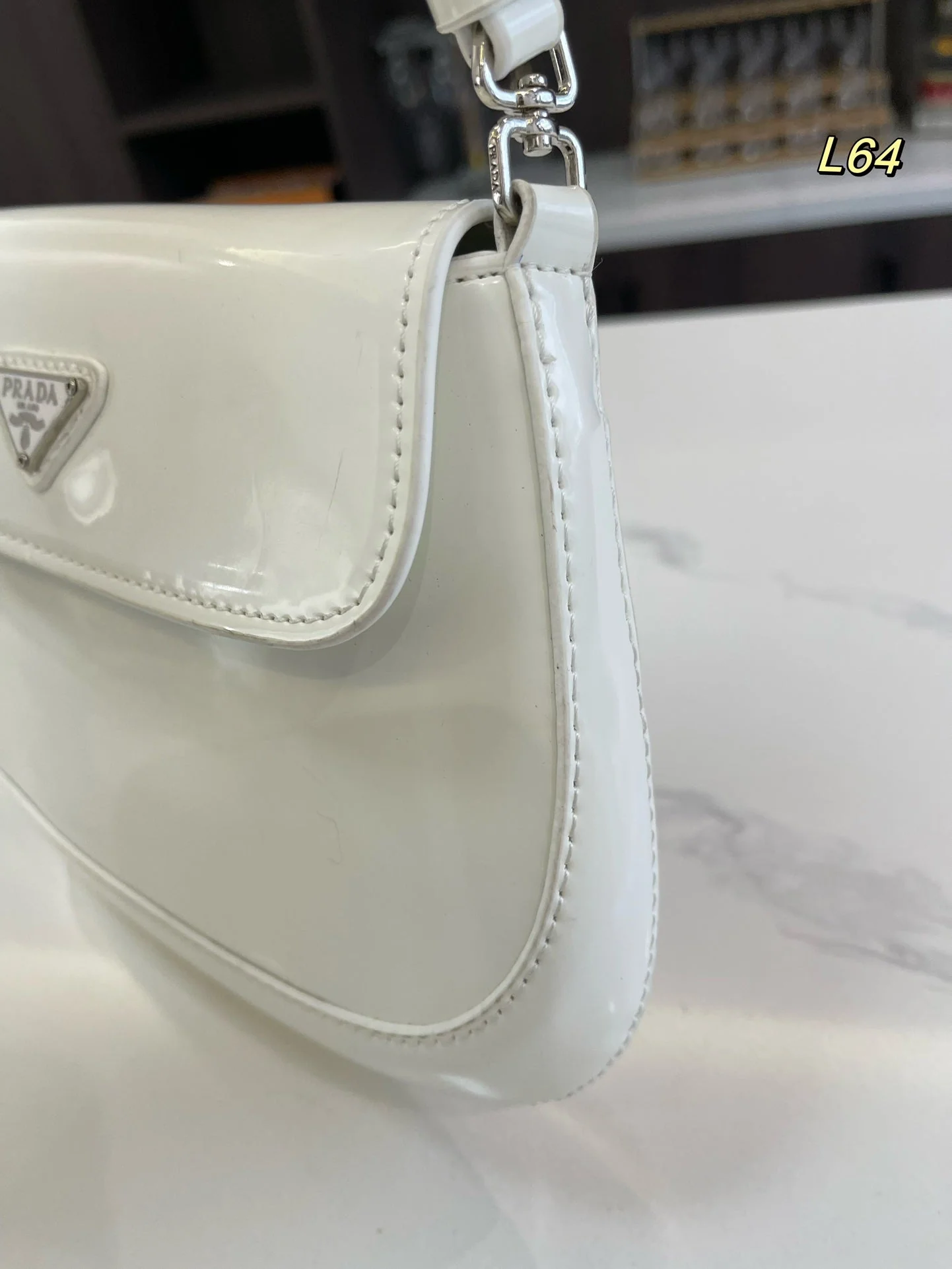 Prada 25 CLEO FLAP SHOULDER BAG IN WHITE BRUSHED LEATHER