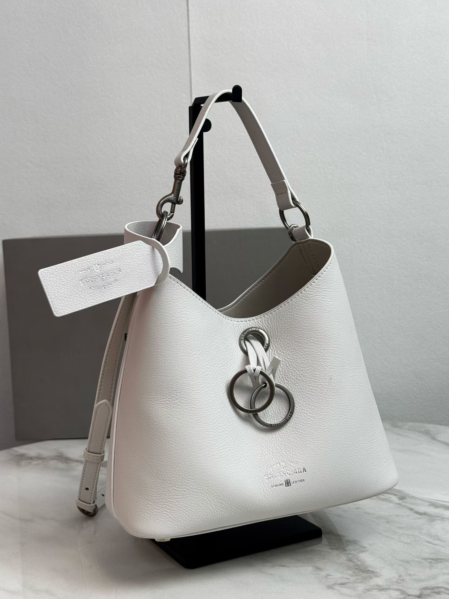 Balenciaga Duty Free Small White Pierced Soft Grained Leather Silver Ring Hobo Tote Bag - KAIROO