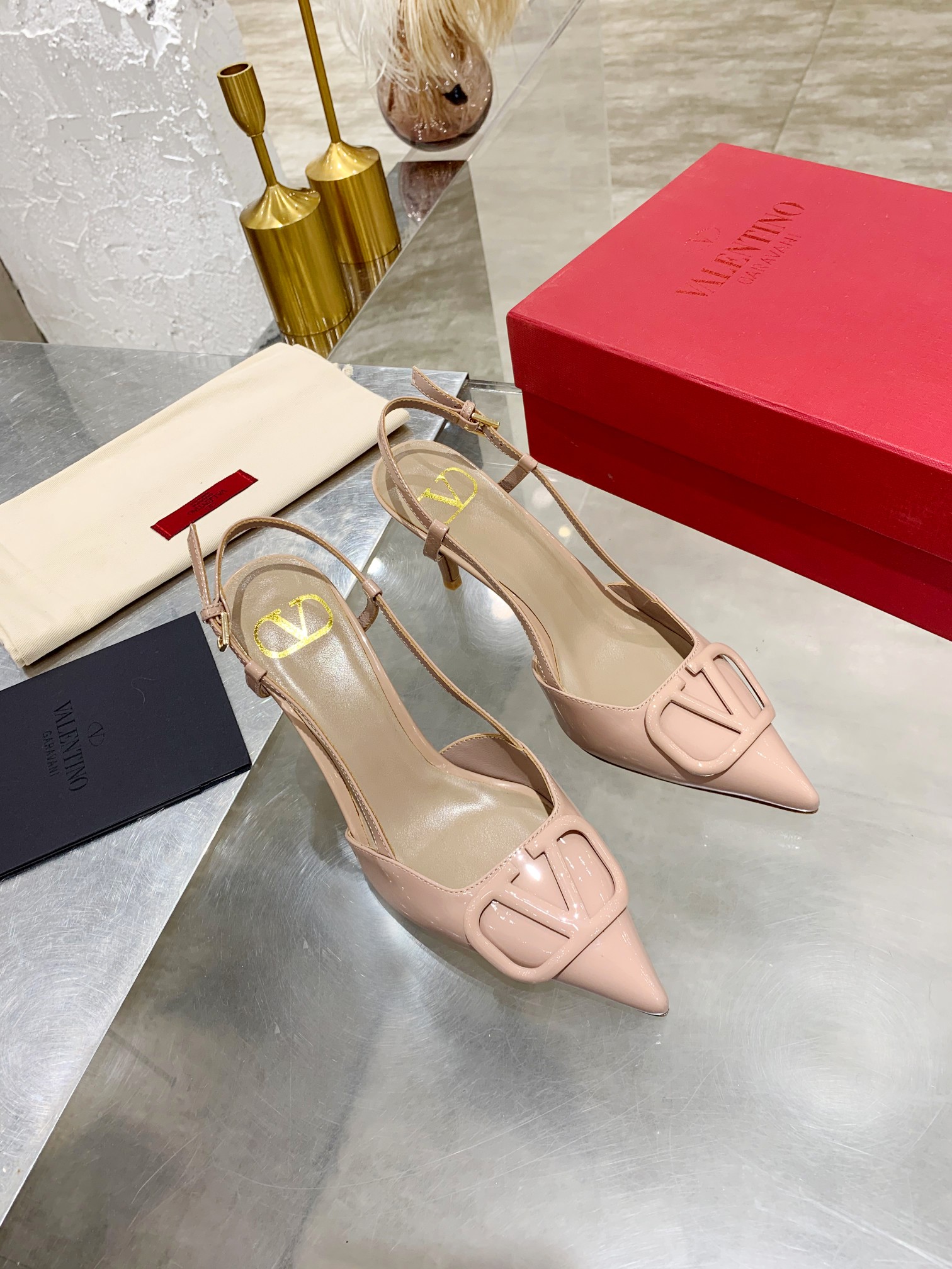 Valentino Garavani Poudre Pointed Toe Tonal VLogo Patent Leather Slingback Heels - KAIROO