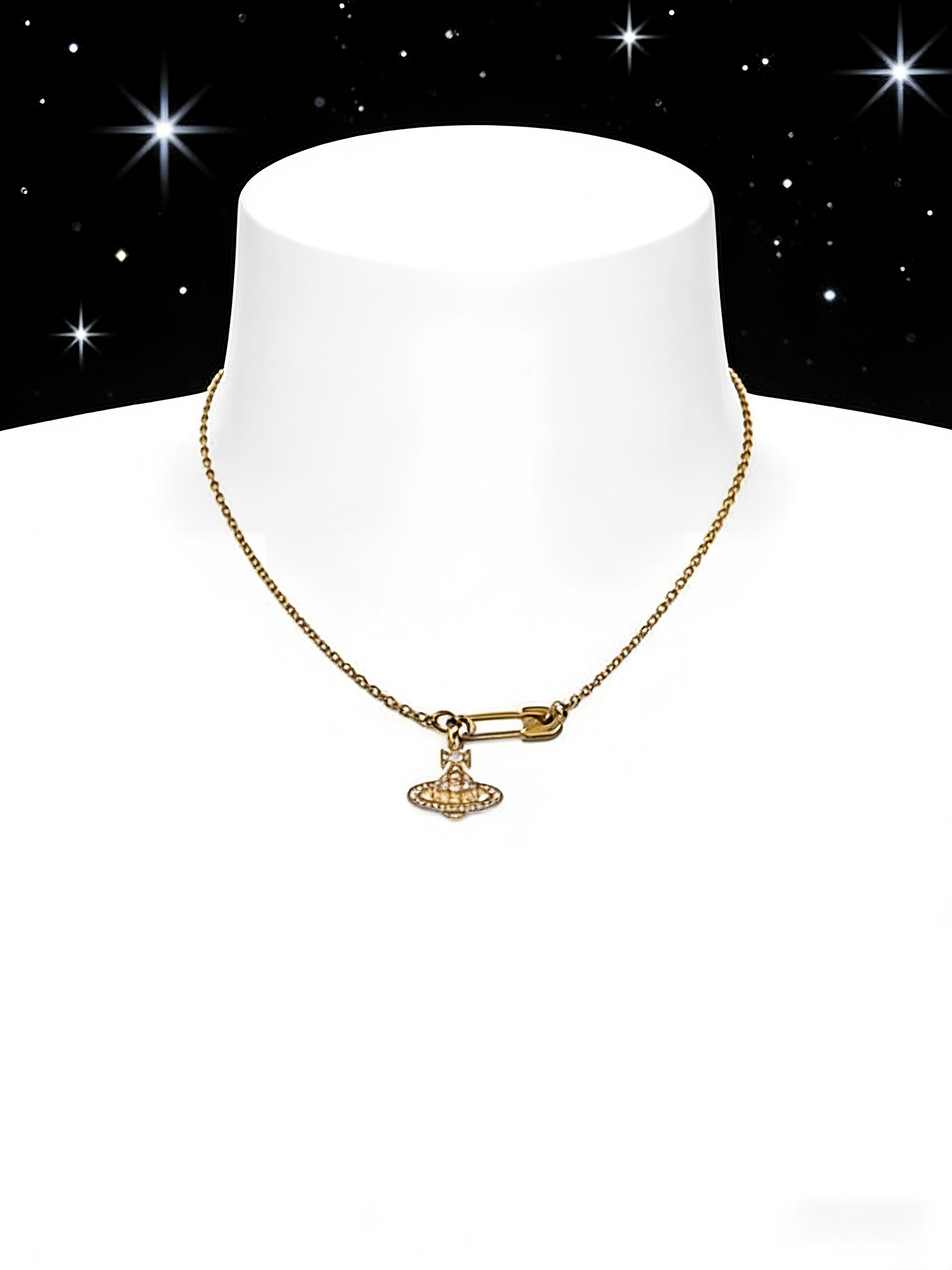 Chic Gold Saturn Safety Pin Choker, Retro Planet Charm Necklace, Statement Accessory