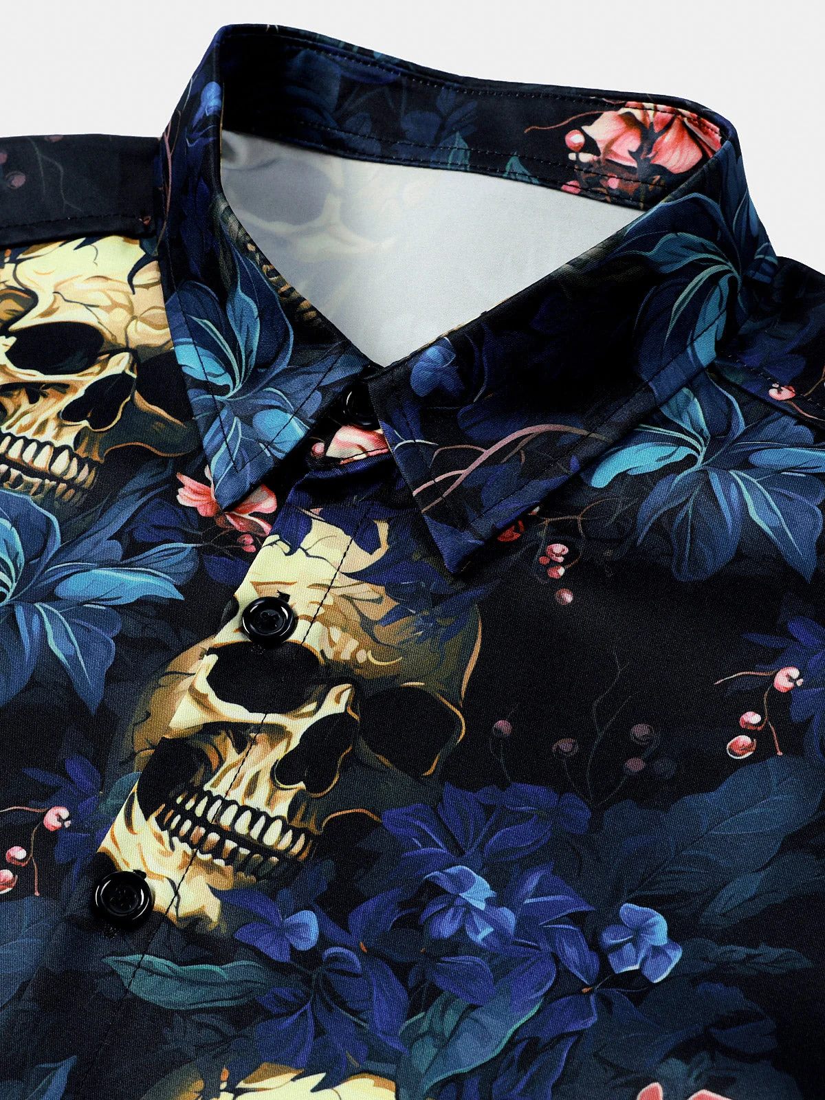 Men's Gold Skull Floral Punk Print Short Sleeve Shirt