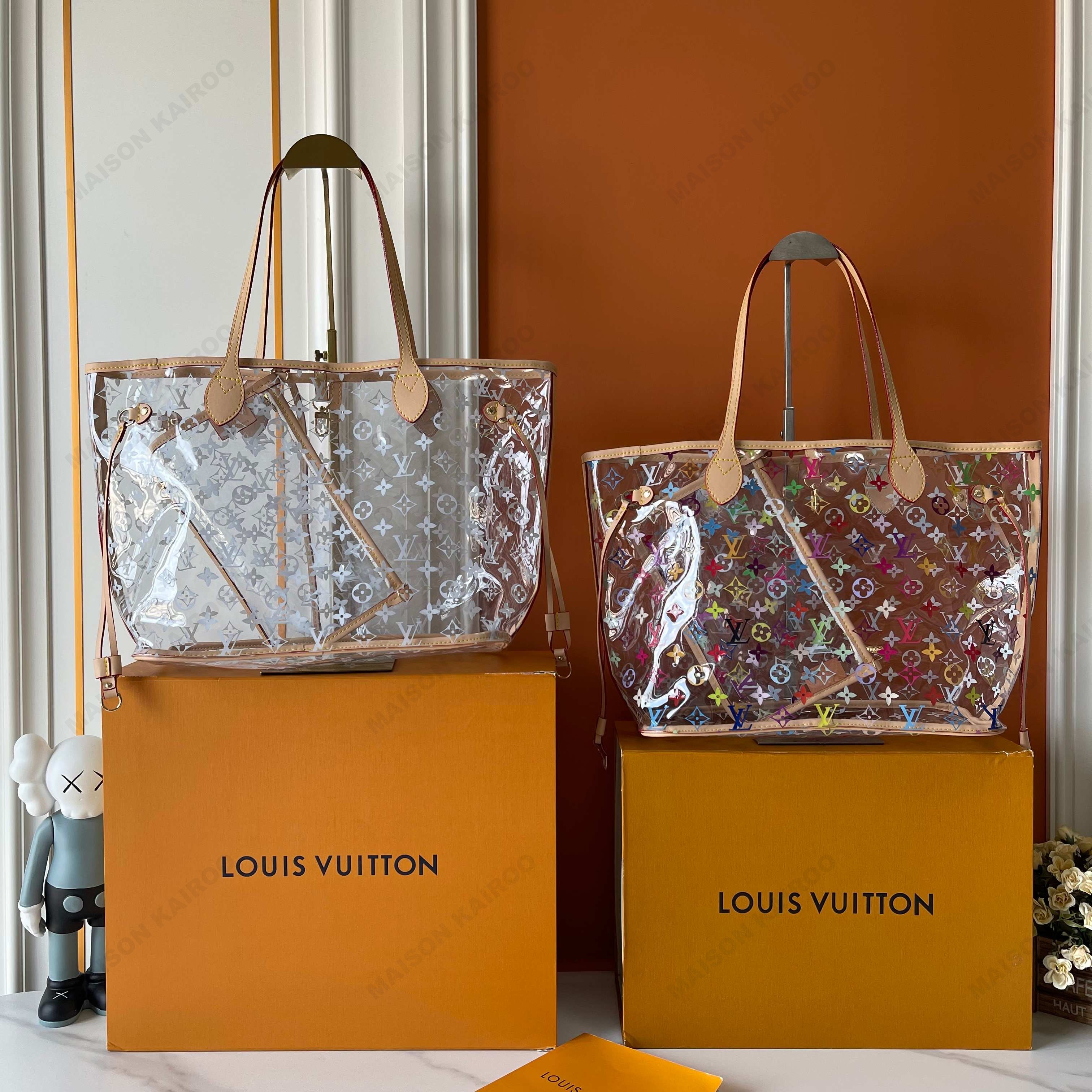 Louis Vuitton LV x TM Neverfull MM PVC Transparent White Multicolore Monogram Pool Tote Bag With Pouch - KAIROO