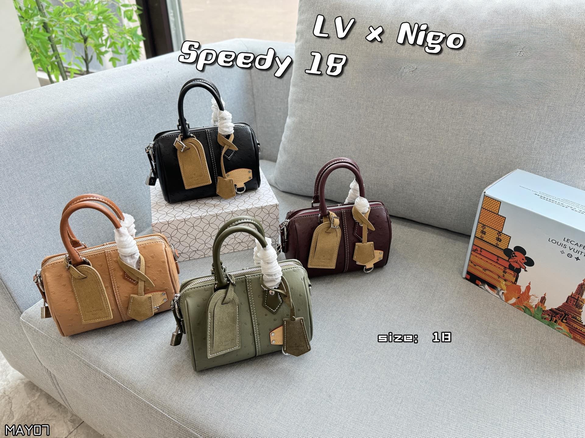 Louis Vuitton x Nigo LV Speedy 18 Ostrich Embossed Leather Suede Tag Boston Top Handle Bag - KAIROO