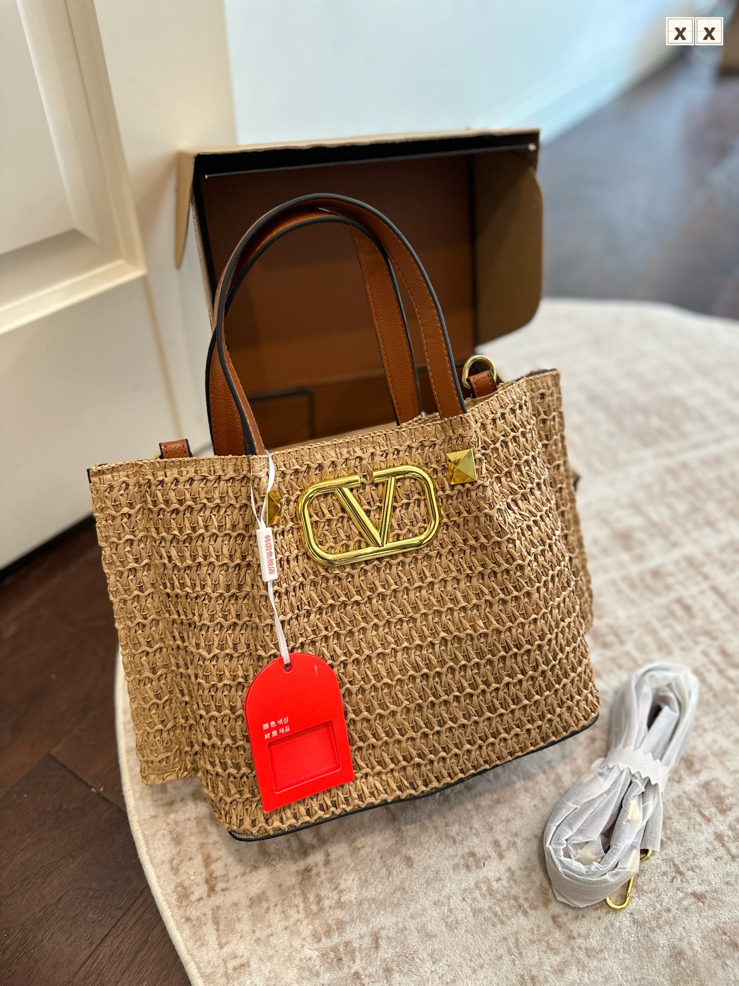 Valentino Garavani Gold VLogo Woven Straw Raffia Leather Trim Top Handle Basket Bag - KAIROO