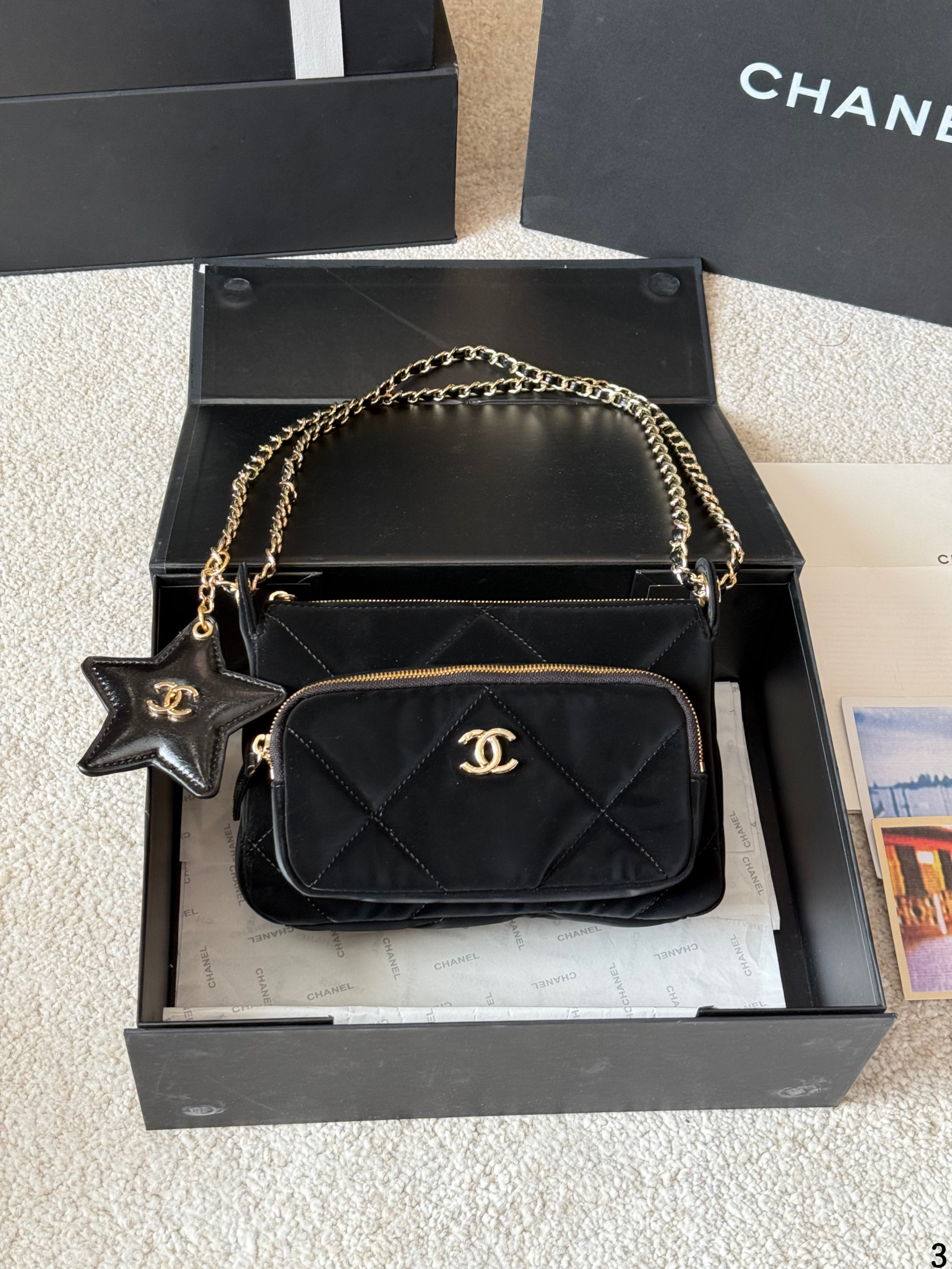 Chanel Quilted Velvet Double Front Zip Pocket Camera Messenger Shoulder Bag With Star Charm - KAIROO