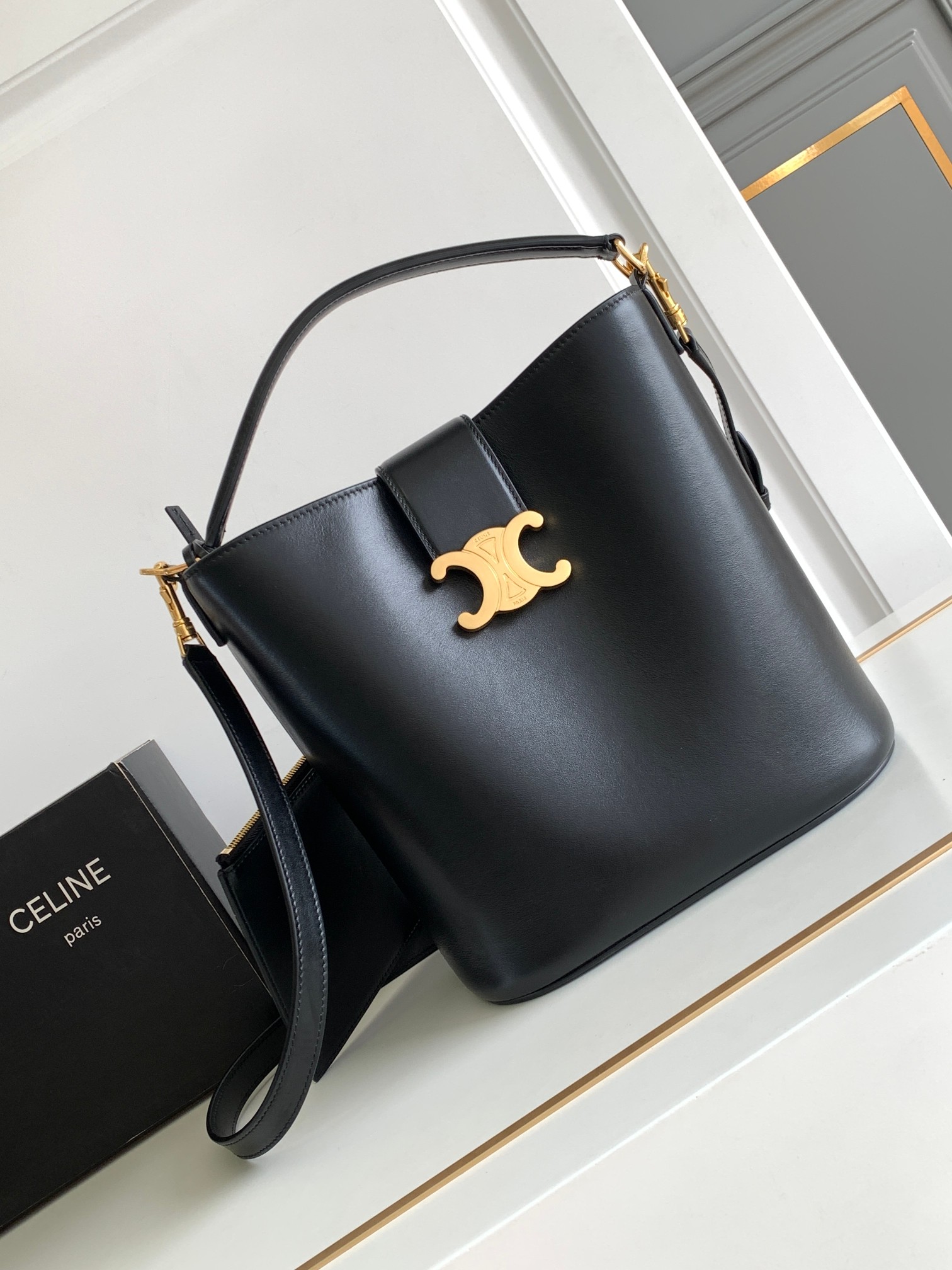 Celine Louise Medium Bucket Bag in Black Calfskin