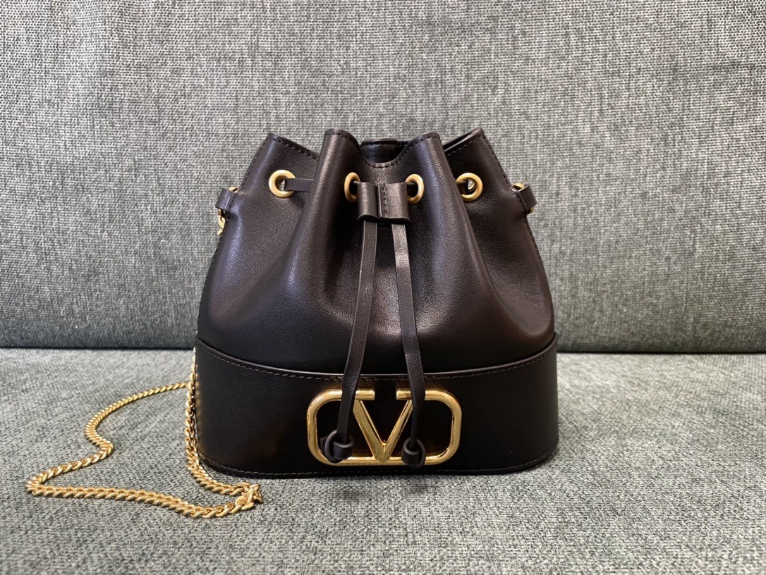 Valentino Black Gold VLogo Signature Smooth Leather Drawstring Bucket Crossbody Bag - KAIROO