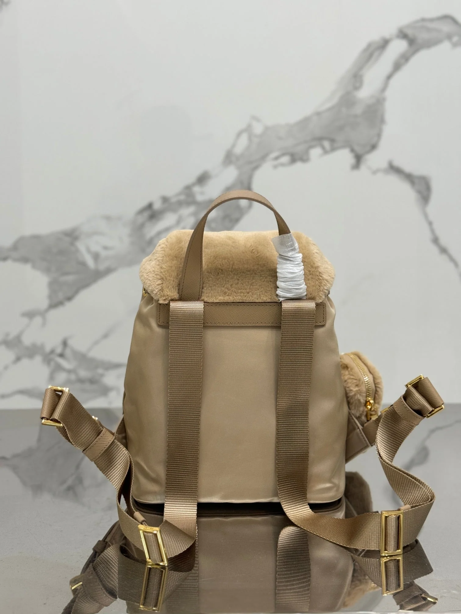 Prada BACKPACK 25 IN BEIGE PARACHUTE FABRIC AND RABBIT FUR