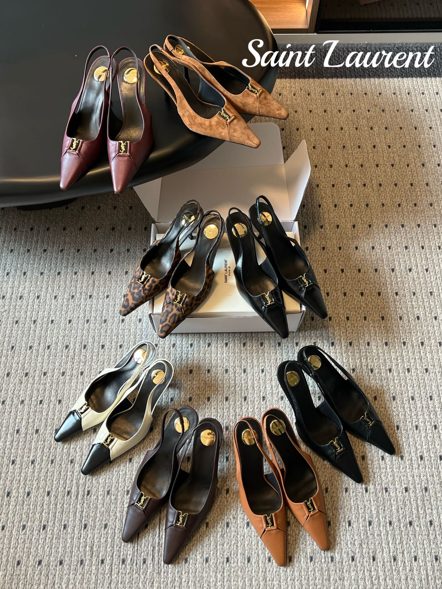 Saint Laurent Paris Pointed Toe Smooth/Suede/Oil Wax Leather/Leopard YSL Logo Slingback Heel Sandals - KAIROO