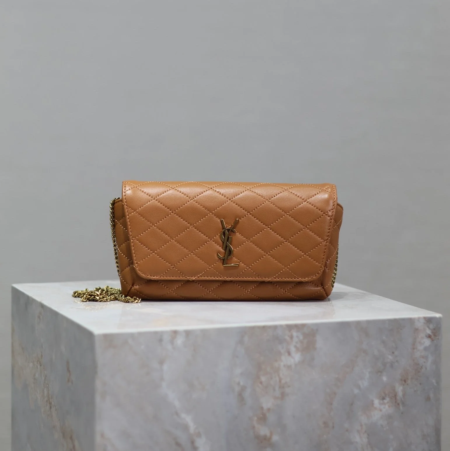 Saint Laurent YSL Gaby Phone Bag 19cm Light Brown Quilted Leather GHW