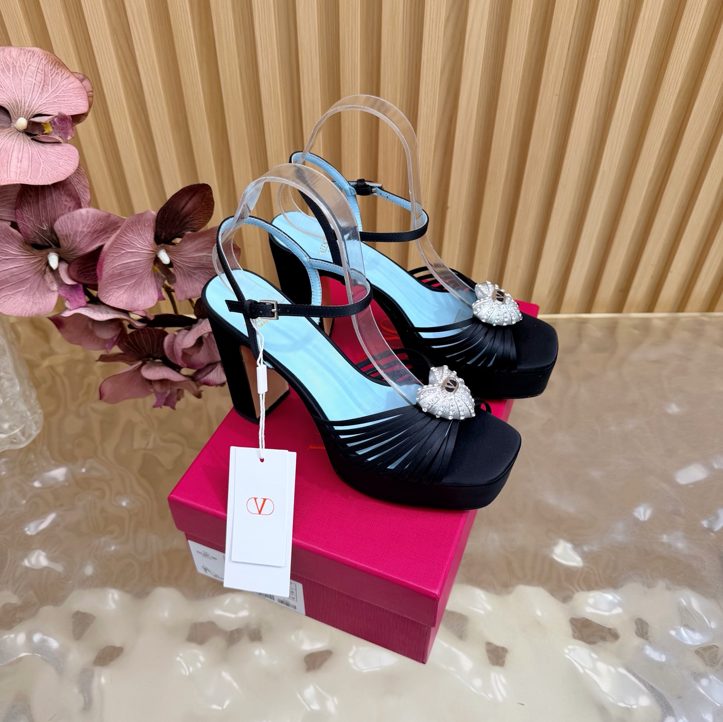 Valentino Garavani Black VLogo Crystal Brooch Satin Multi Straps Platform Square Toe Chunky Heel Sandals - KAIROO