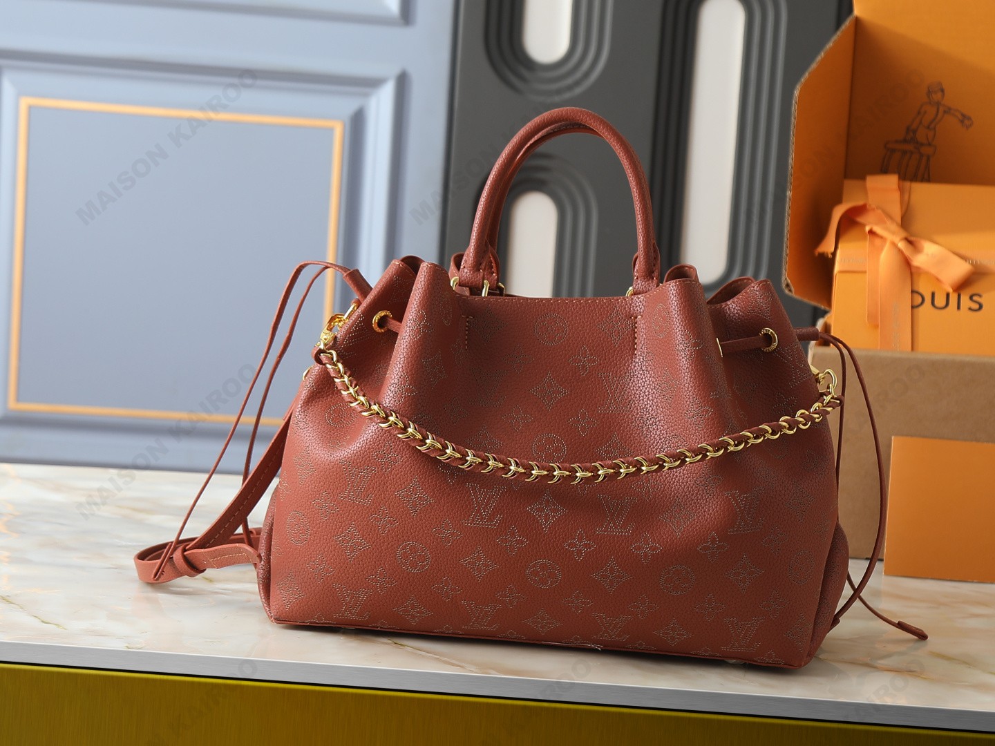 Louis Vuitton LV Mahina Bella Tote Rust Cognac Perforated Monogram Leather Drawstring Bucket Top Handle Bag - KAIROO