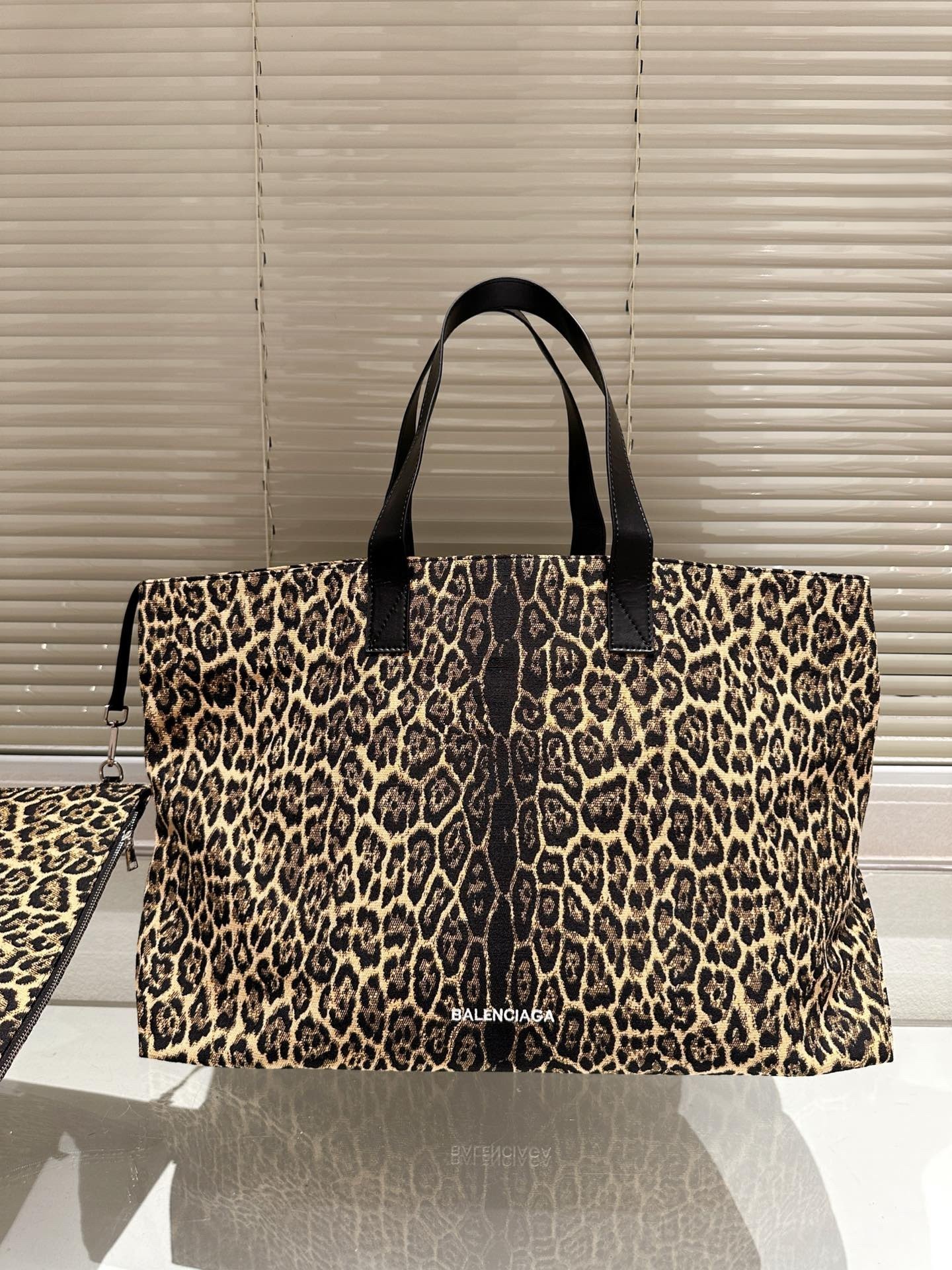 Balenciaga Oversized Leopard Print Canvas Horizontal Mommy Tote Bag with Large Clutch Pouch - KAIROO