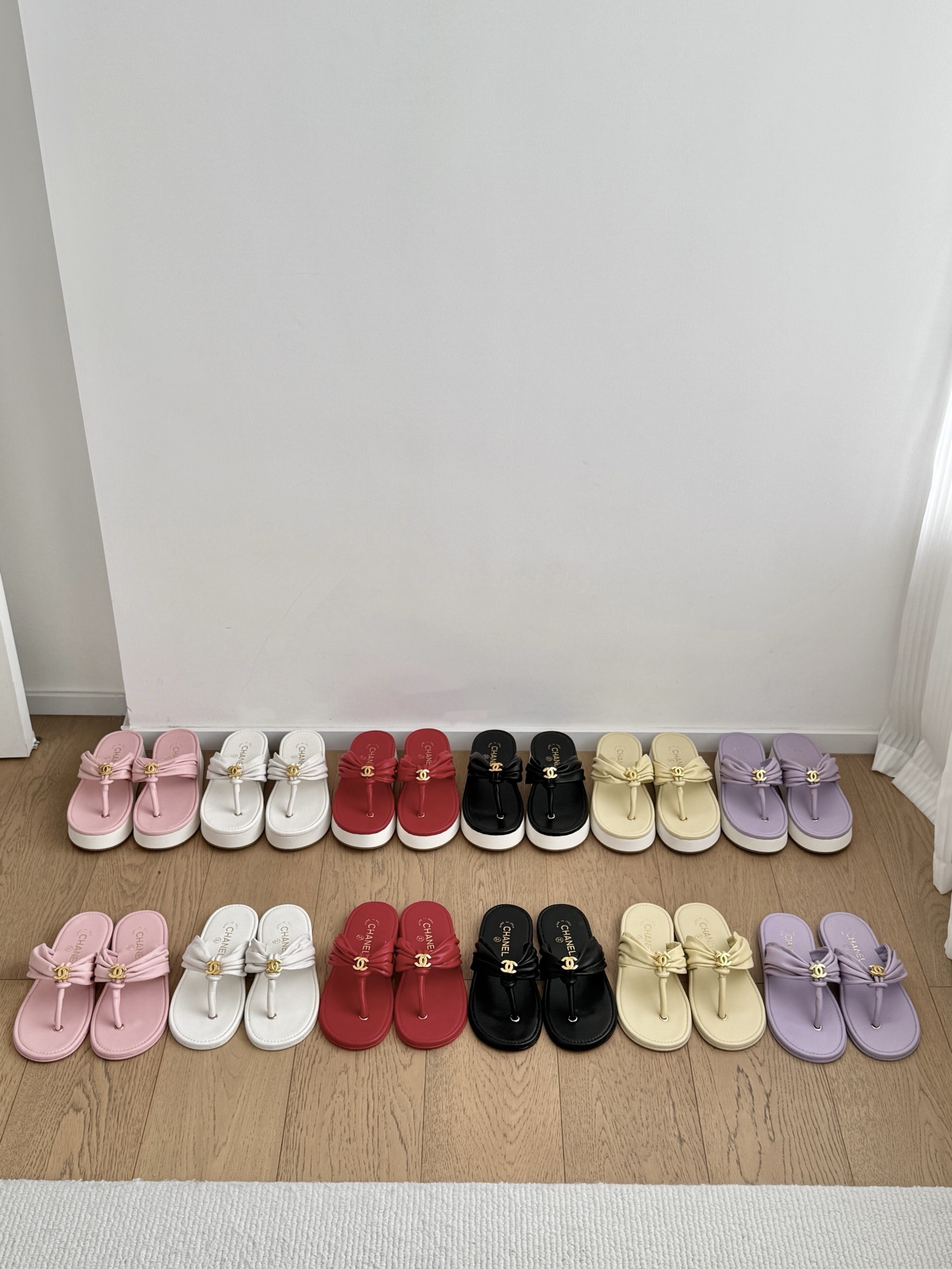 Chanel Ruched Padded Knot Strap CC Logo Smooth Lambskin Flat & Platform Thong Sandals - KAIROO