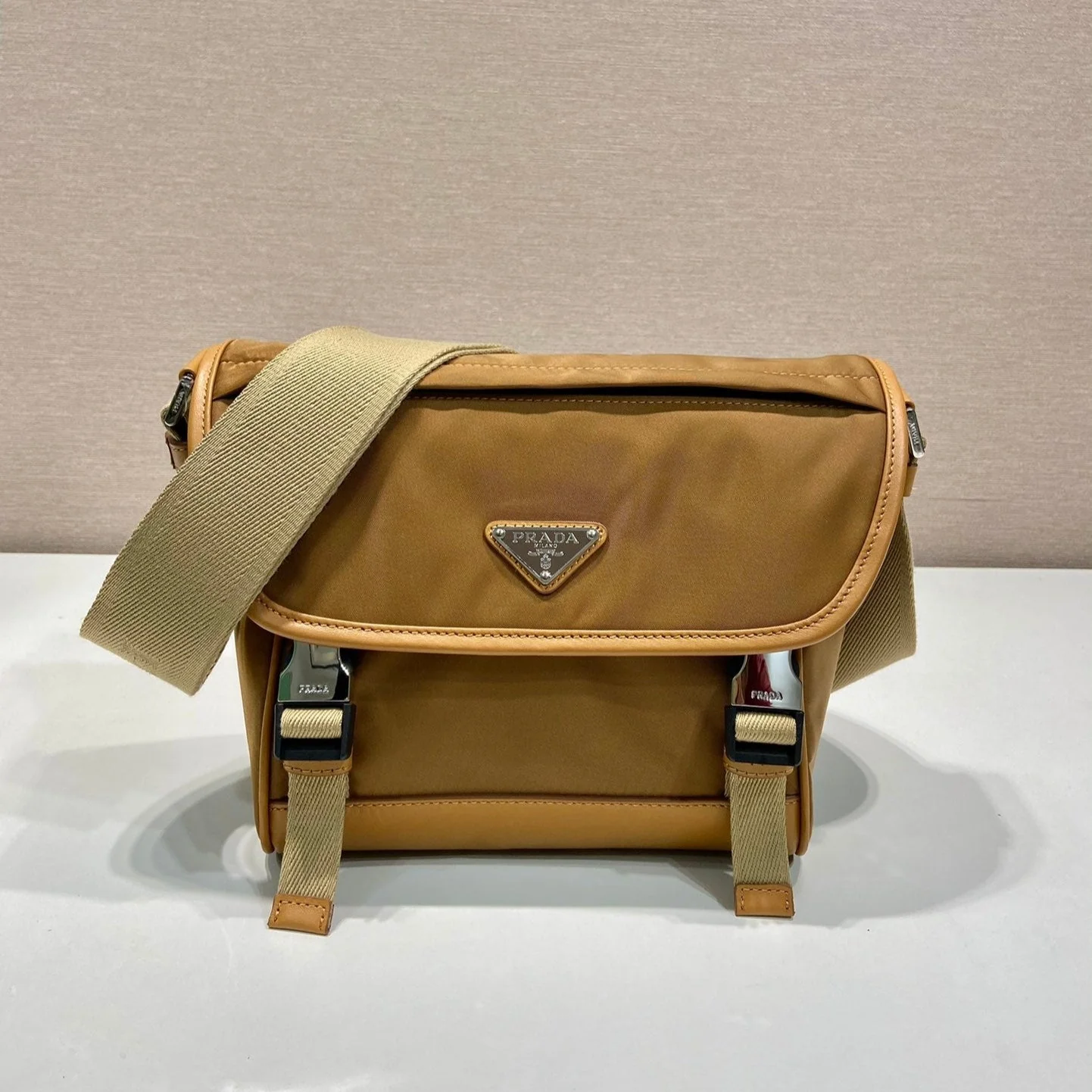 Prada SMALL FLAP BAG 20 IN CIDER BROWN RE-NYLON AND CALFSKIN TRIM