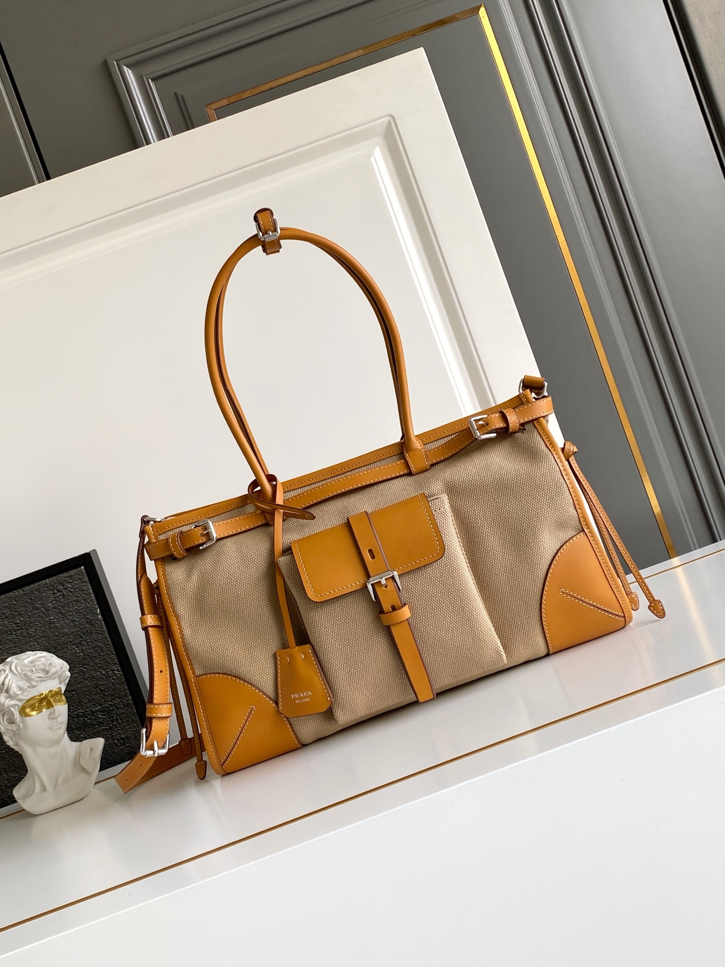 Prada Bonnie linen and leather Large tote bag 1BA433