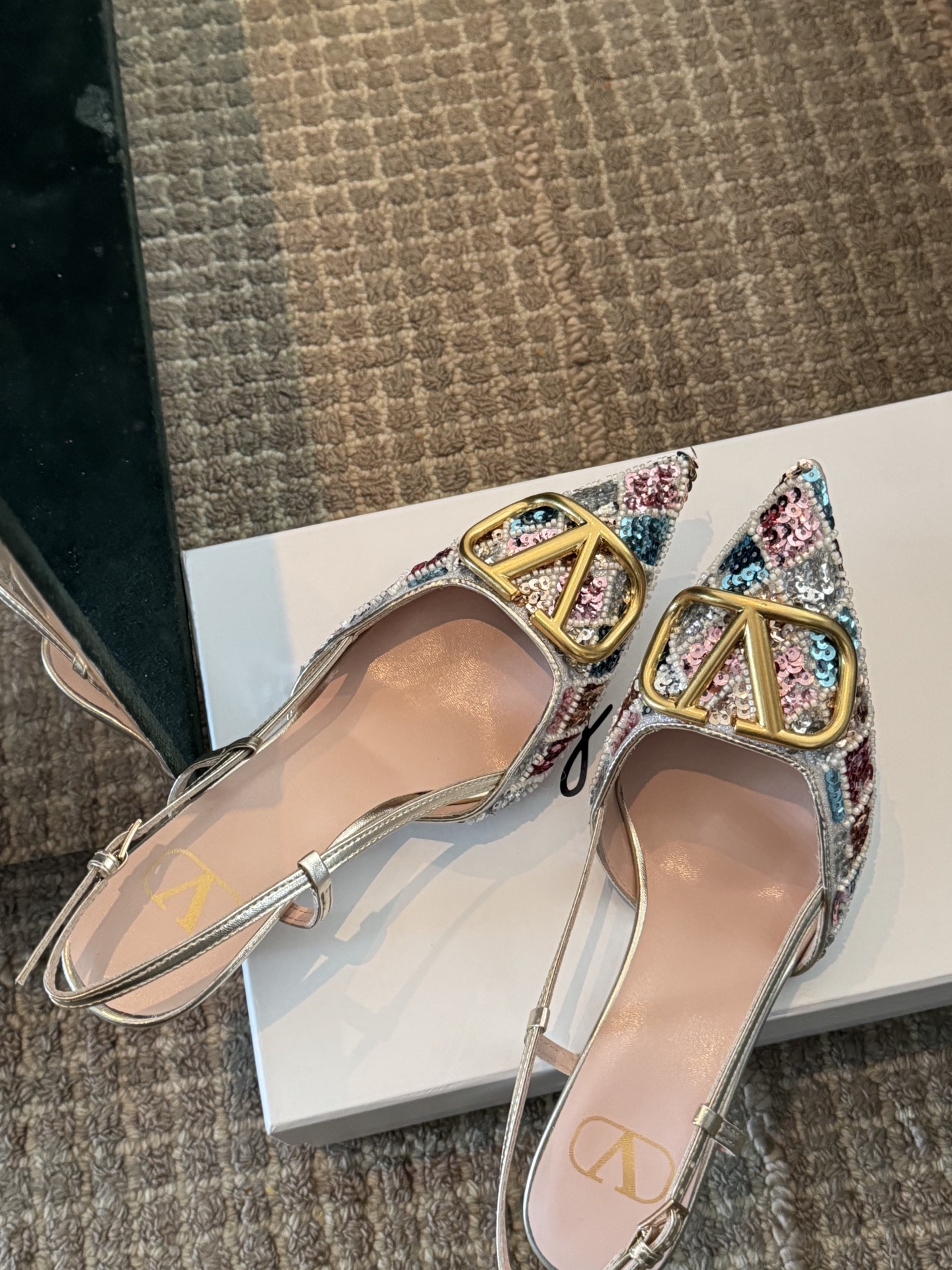 Valentino Garavani Multicolor Sequin Embroidered Leather Gold VLogo Pointed Toe Slingback Pumps Heels - KAIROO