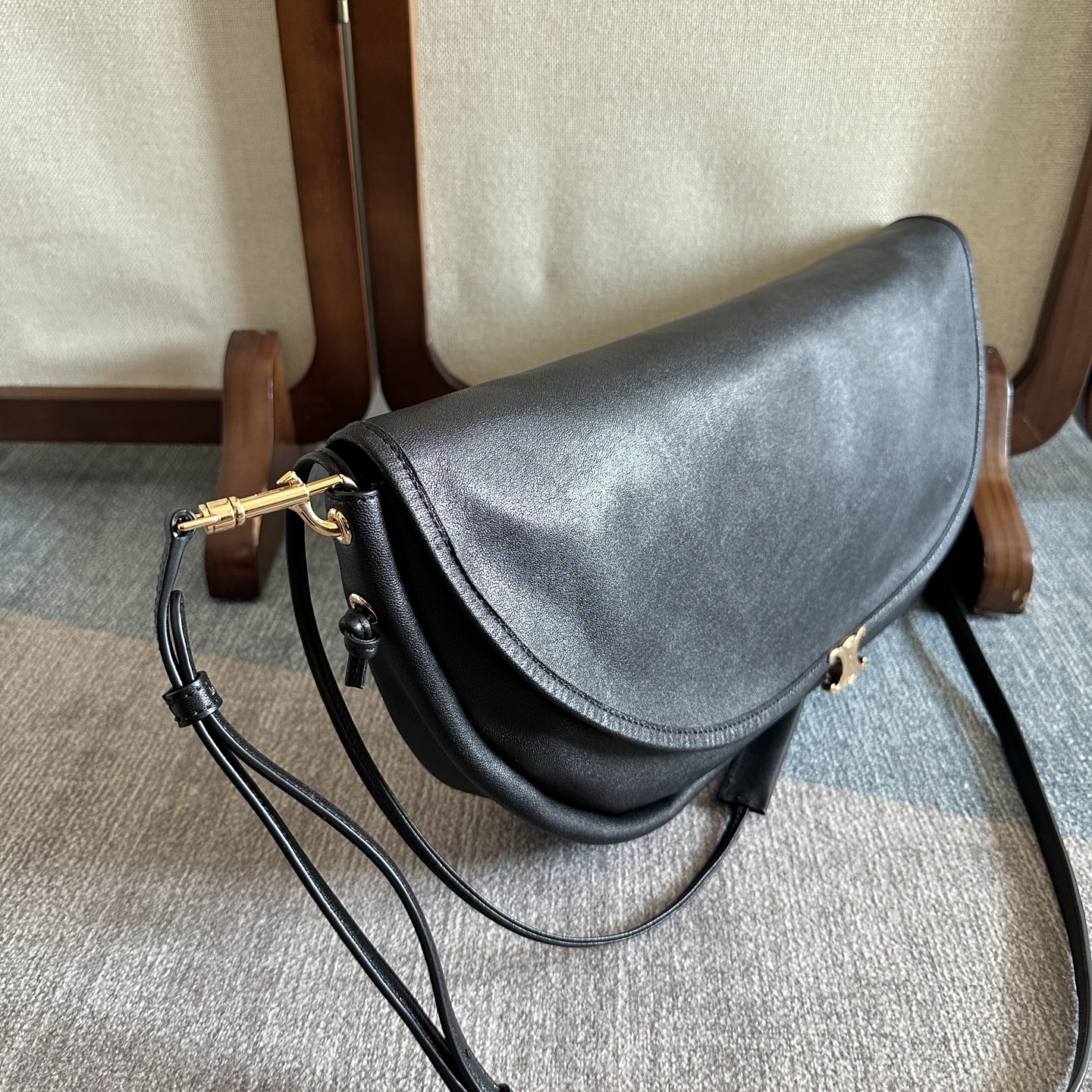 Celine Large Halfmoon Soft Triomphe Bag in Supple Lambskin-Black