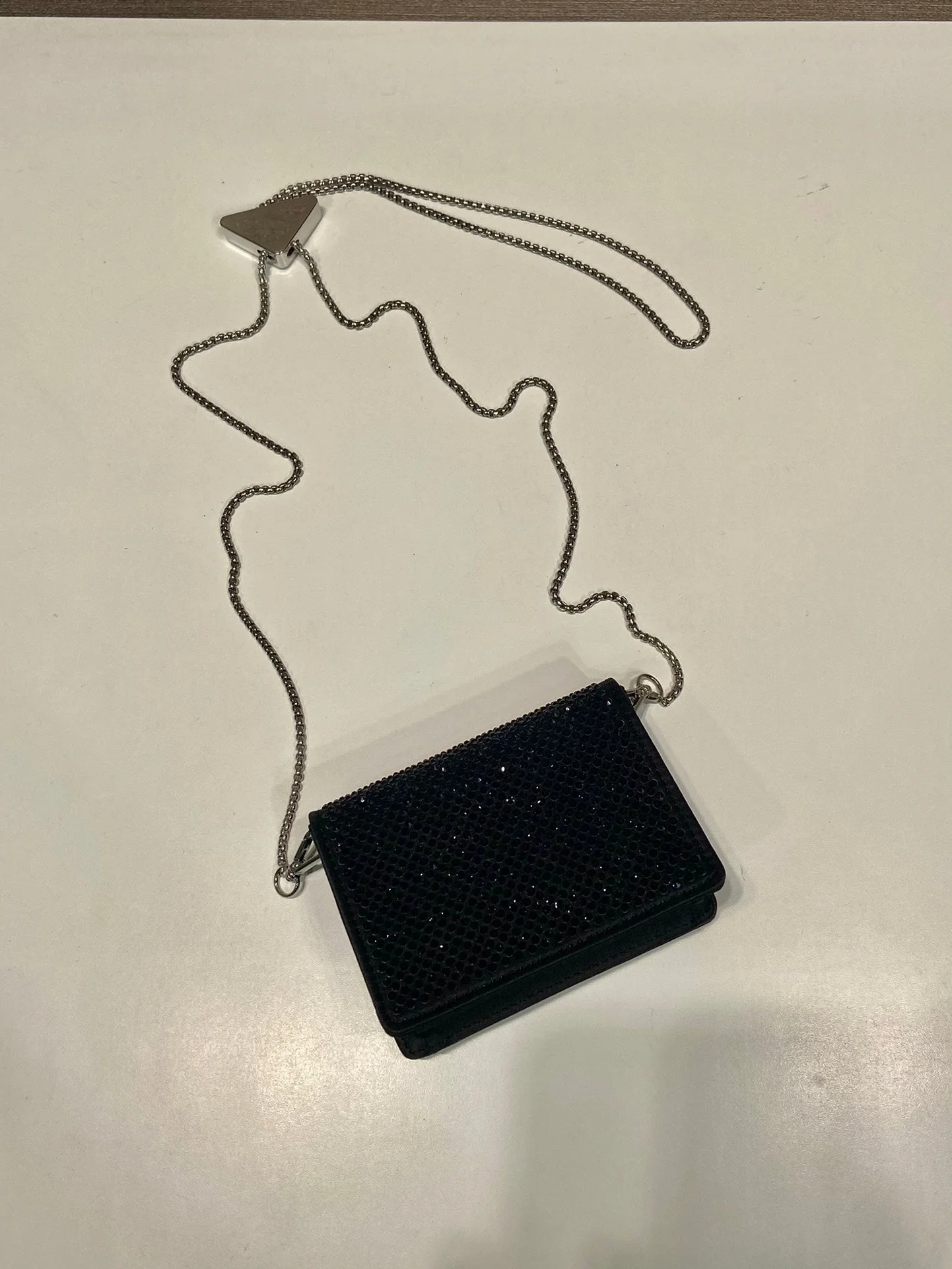Prada MINI FLAP BAG 11 IN BLACK DUCHESSE FABRIC ATTACHED FULL CRYSTALS SILVER CHAIN