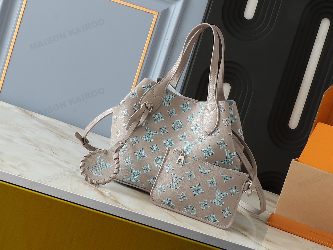 Louis Vuitton LV Mahina Blossom PM/MM Greige Cyan Dense Perforated Monogram Leather Basket Handle Tote Bag - KAIROO