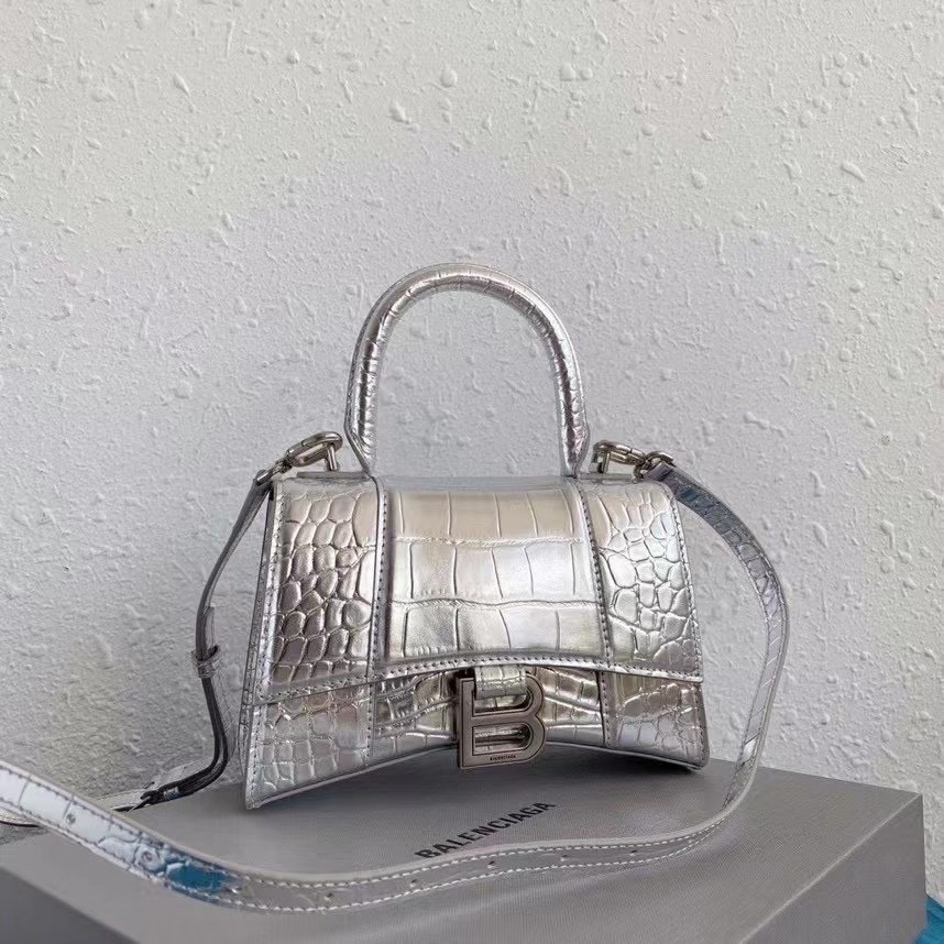 Balenciaga Gold / Silver Metallic Crocodile Embossed Leather Curved Base Handle Crossbody Hourglass Bag - KAIROO