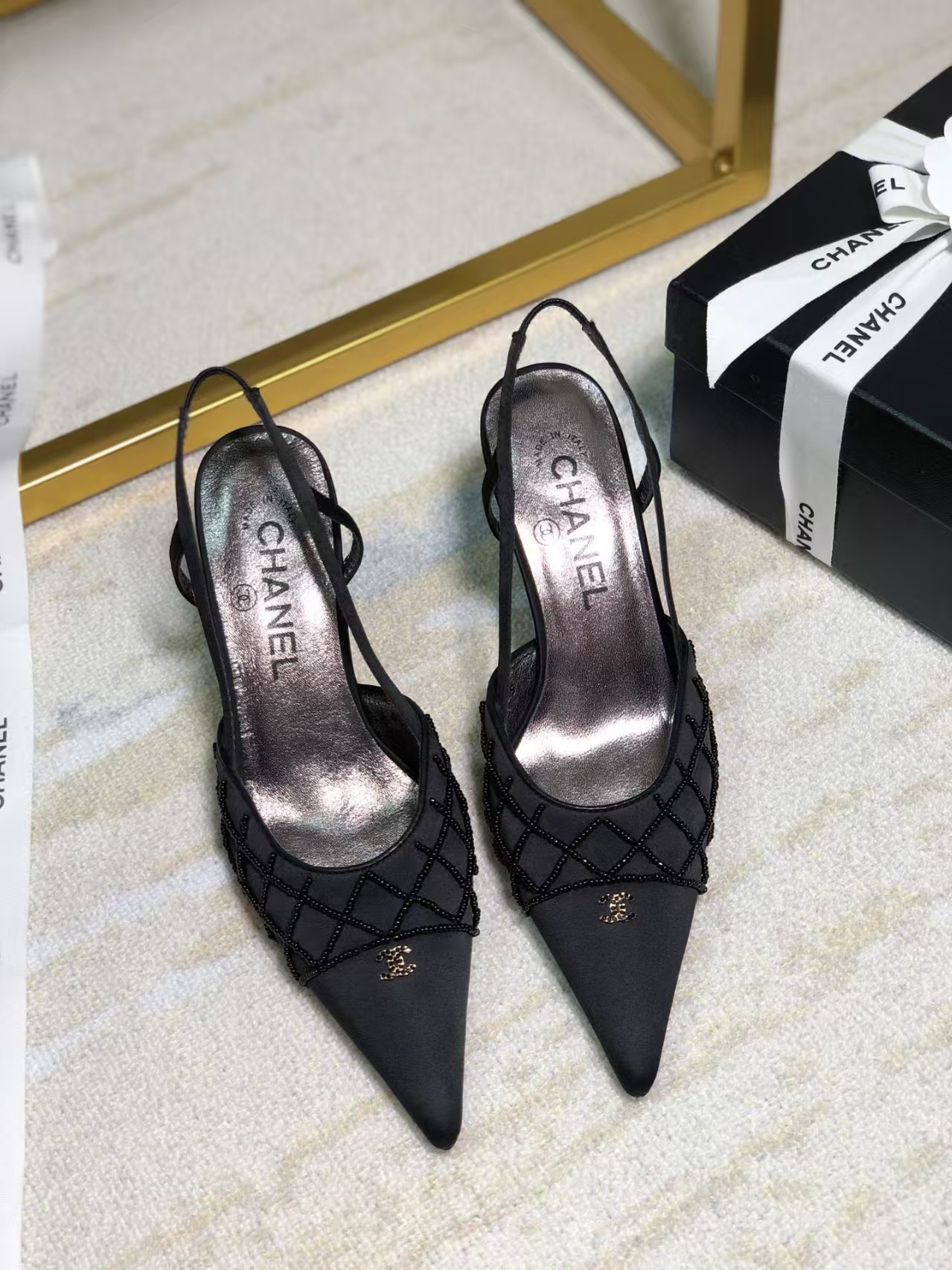 Chanel Black CC Logo Crystal Quilted Satin Pointed Pumps Slingback Heels - KAIROO