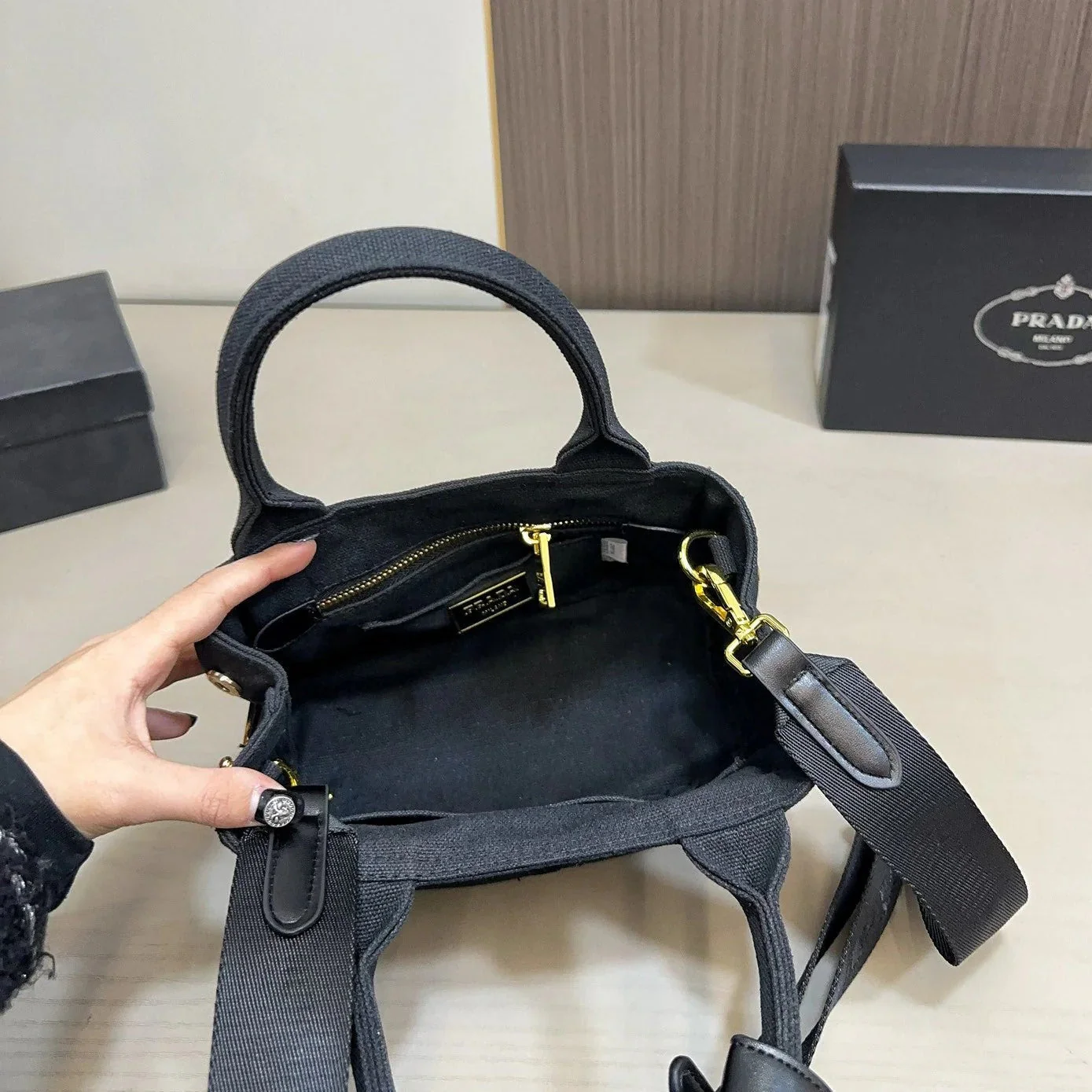 Prada EMBOSSED LOGO MINI TOTE BAG 22 IN BLACK FABIC