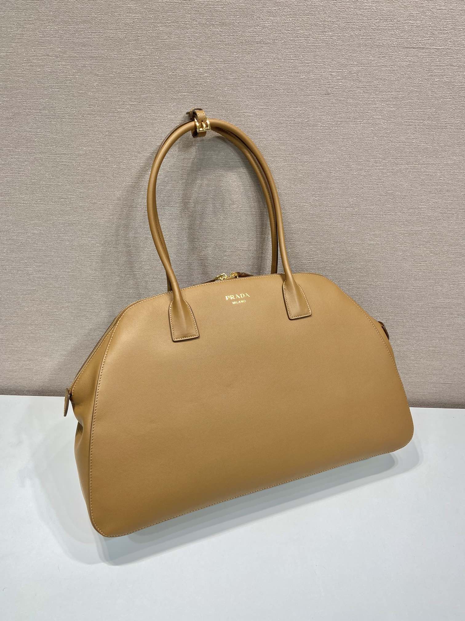 Prada LARGER TOTE BAG 48 WITH ZIPPER CLOSURE IN CIDER BROWN SMOOTH CALFSKIN