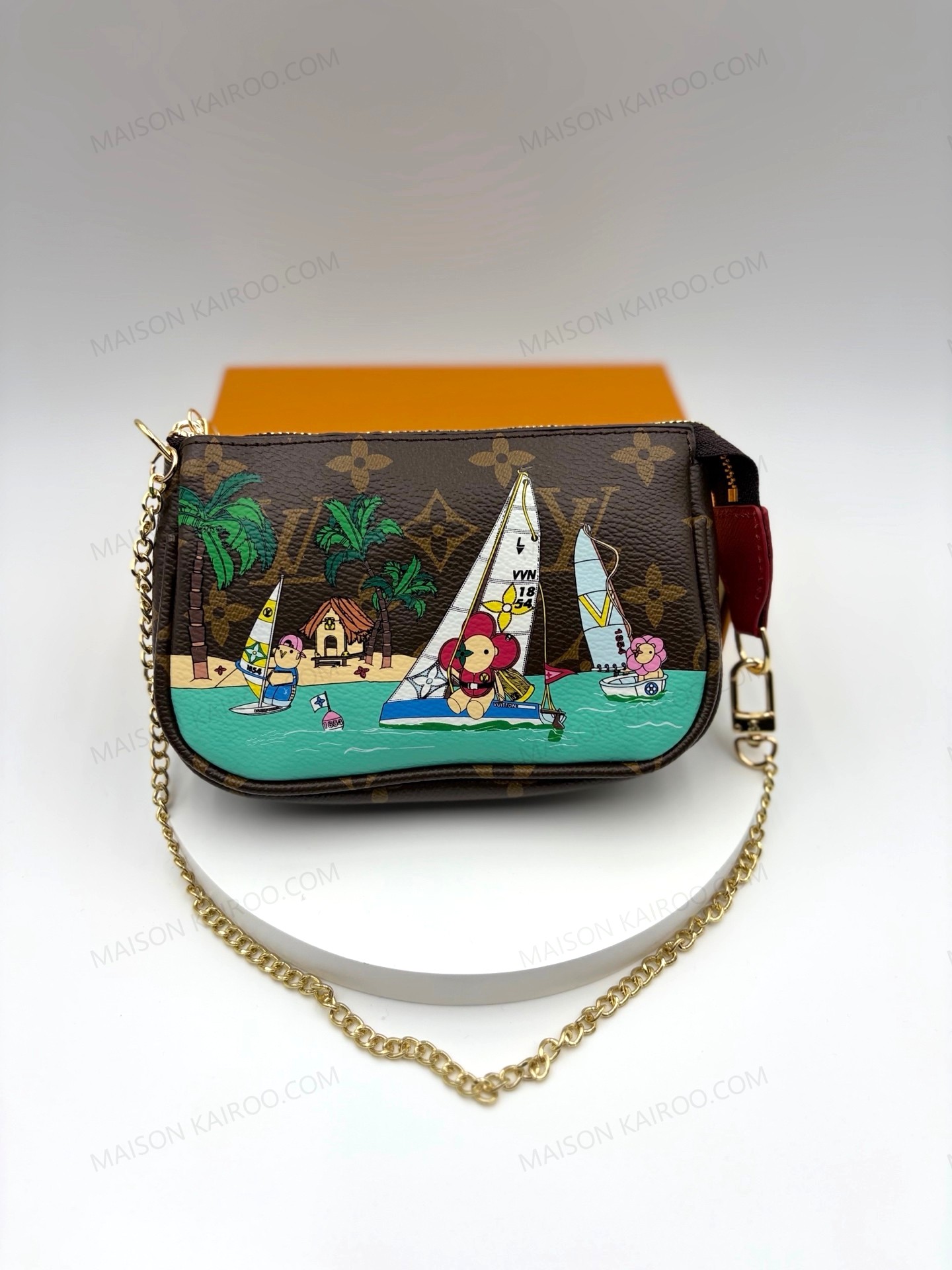 Louis Vuitton LV Mini Pochette Accessoires Vivienne Tropical Sailboat Brown Monogram Chain Pouch Bag - KAIROO