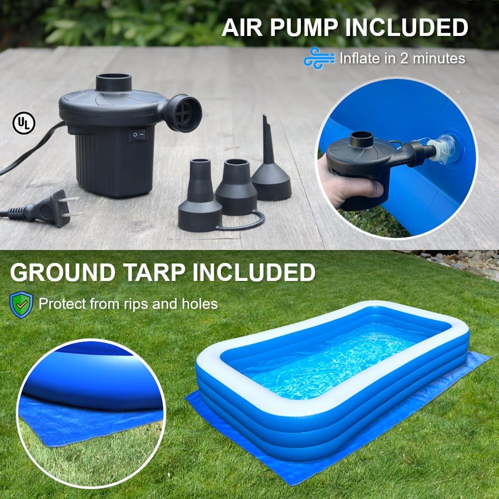 Rukala Inflatable Pool Bundle - 10ft x 6ft - Electric Pump and Ground Tarp Included - Fast Setup and Reinforced Seams