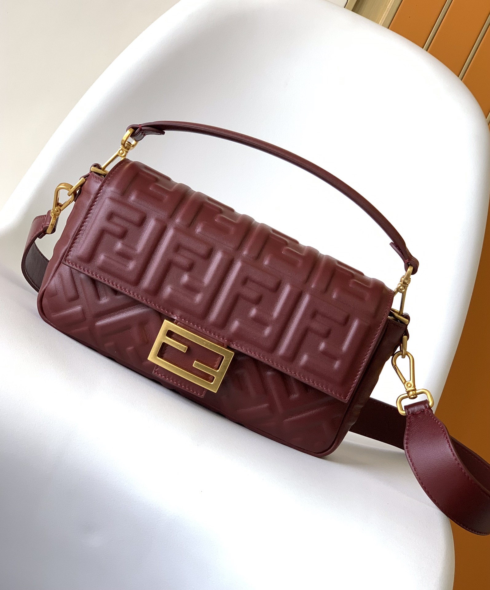 Fendi Medium Baguette FF Embossed Leather Bag-Burgundy