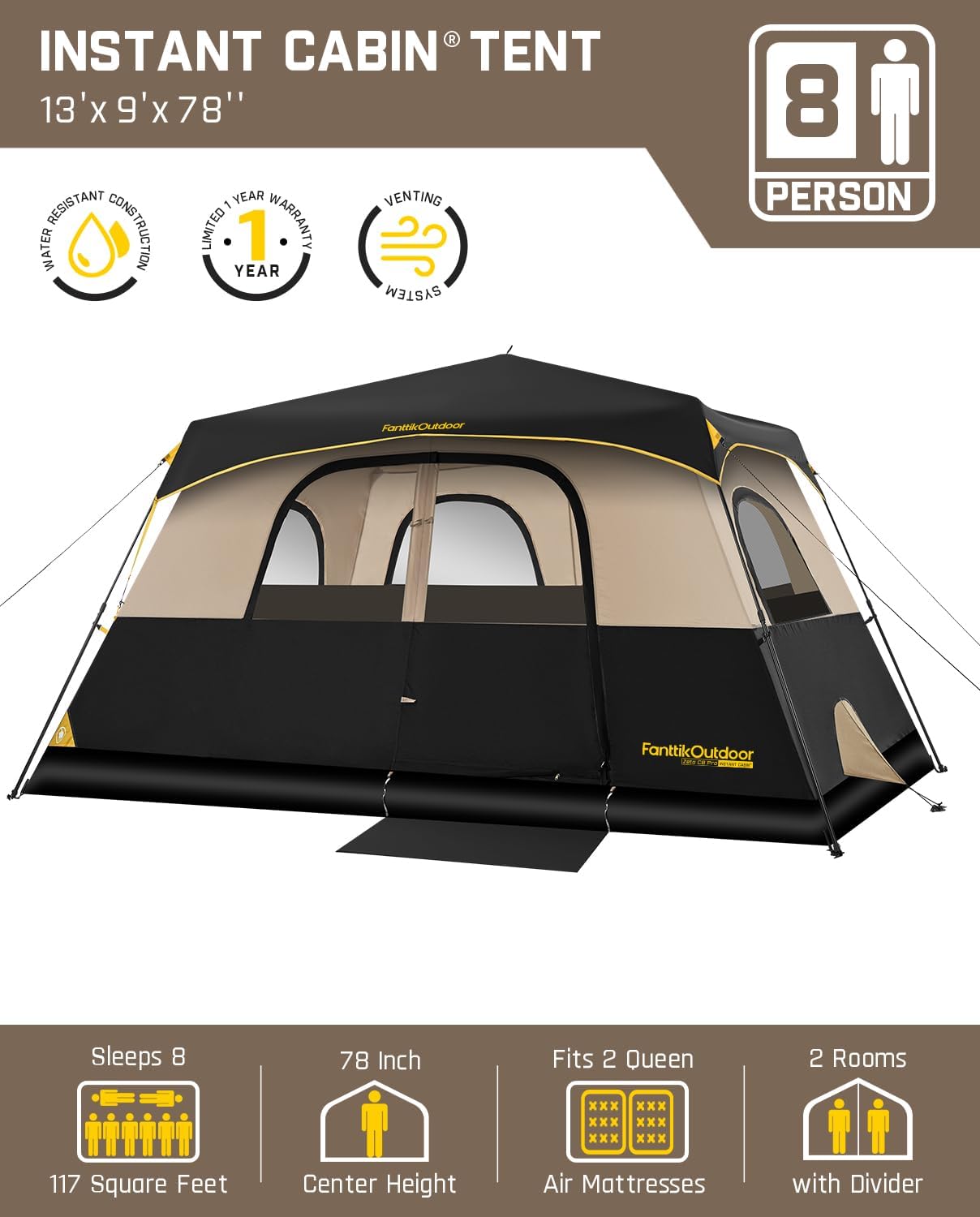 FanttikOutdoor Camping Tent 4/6/8/10 Person Instant Cabin Tent Setup in 60 Seconds with Rainfly & Windproof Portable with Carry Bag for Family Camping & Hiking