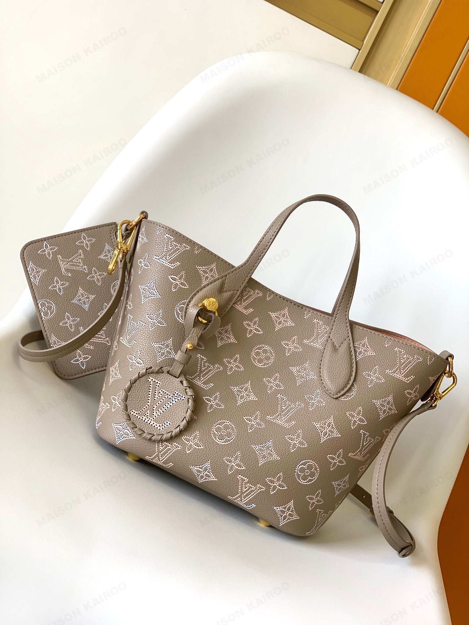 【10A】Louis Vuitton LV Mahina Blossom PM/MM Taupe Dense Perforated Monogram Leather Basket Handle Tote Bag - KAIROO