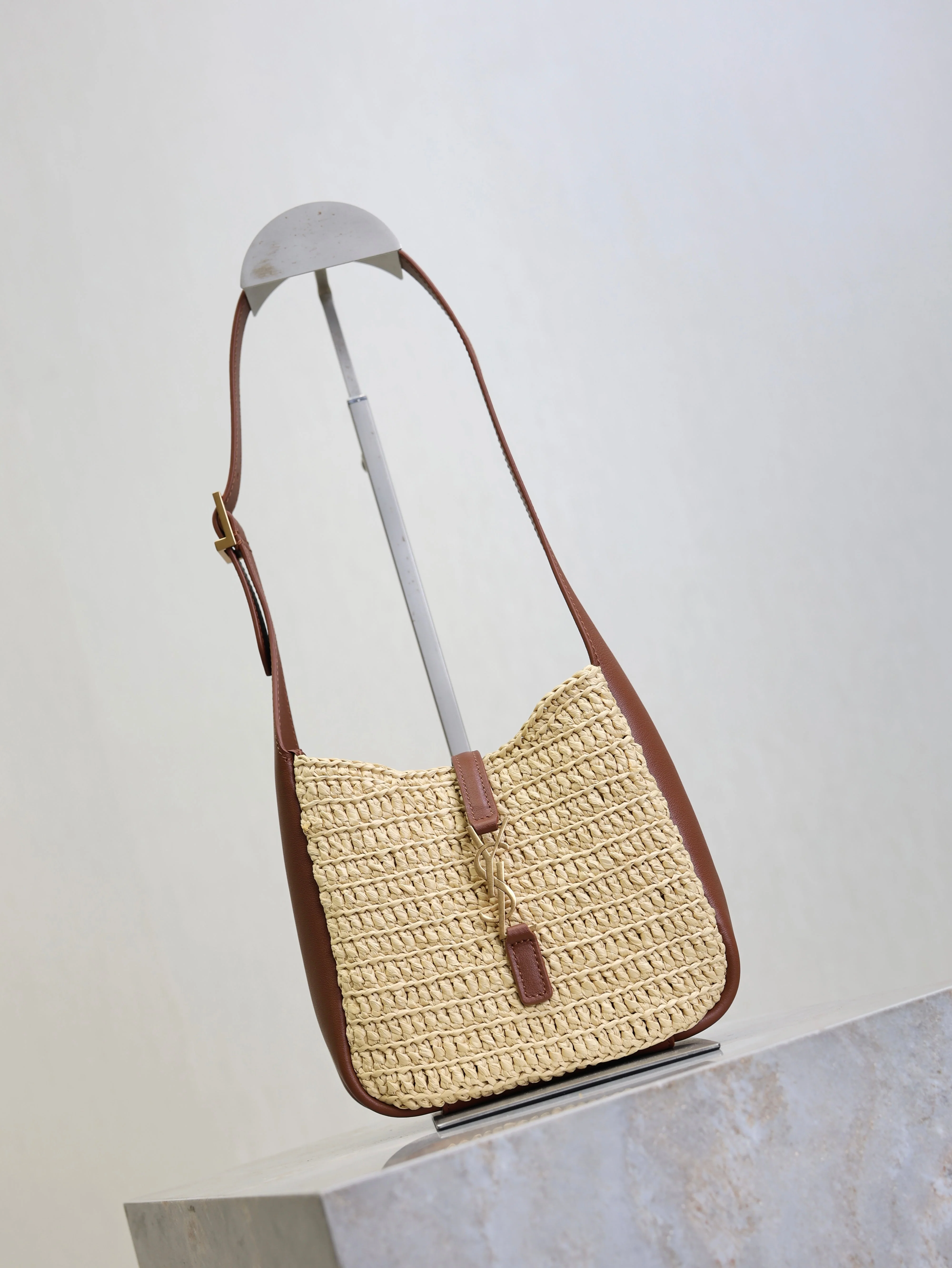Saint Laurent YSL LE 5A7 Mini 15cm Brown Beige Raffia Leather GHW