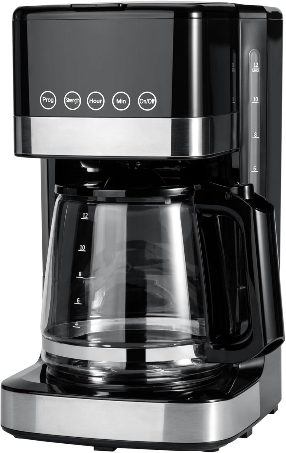 Amazon Basics Programmable 12 Cup Drip Coffee Maker with Glass Coffee Pot (1.9 Qt), Auto Shut-off, Touch Screen, Auto Pause, Removable Filter Basket, Black & Silver