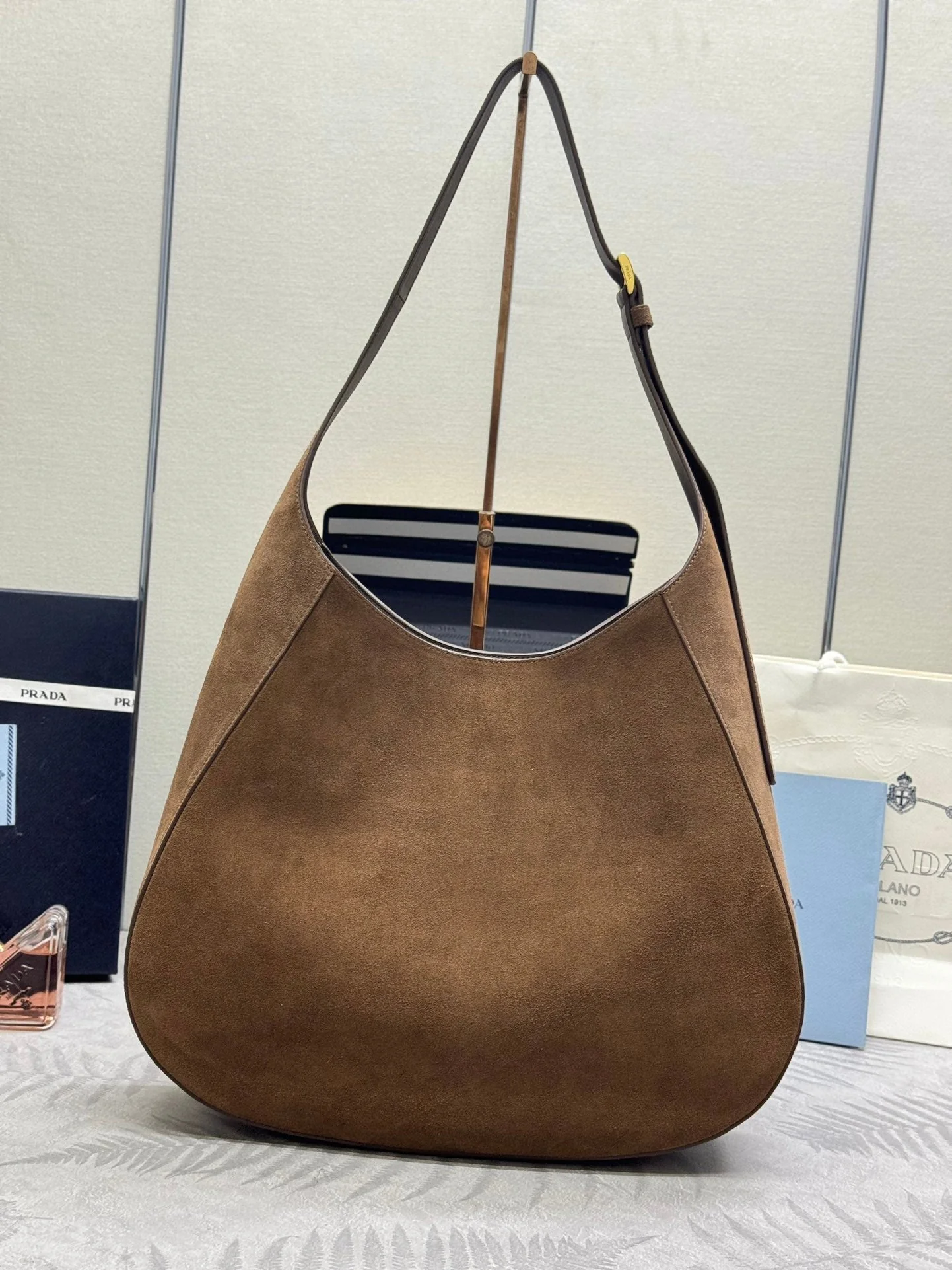 Prada LARGE SHOULDER BAG 40 IN RUSSET BROWN SUEDE