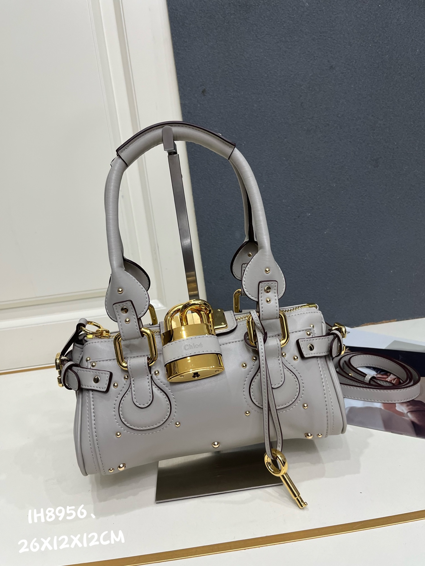Chloe Paddington Light Grey Mini Oversized Rivet Padlock Key Smooth Leather Hobo Top Handle Bag - KAIROO