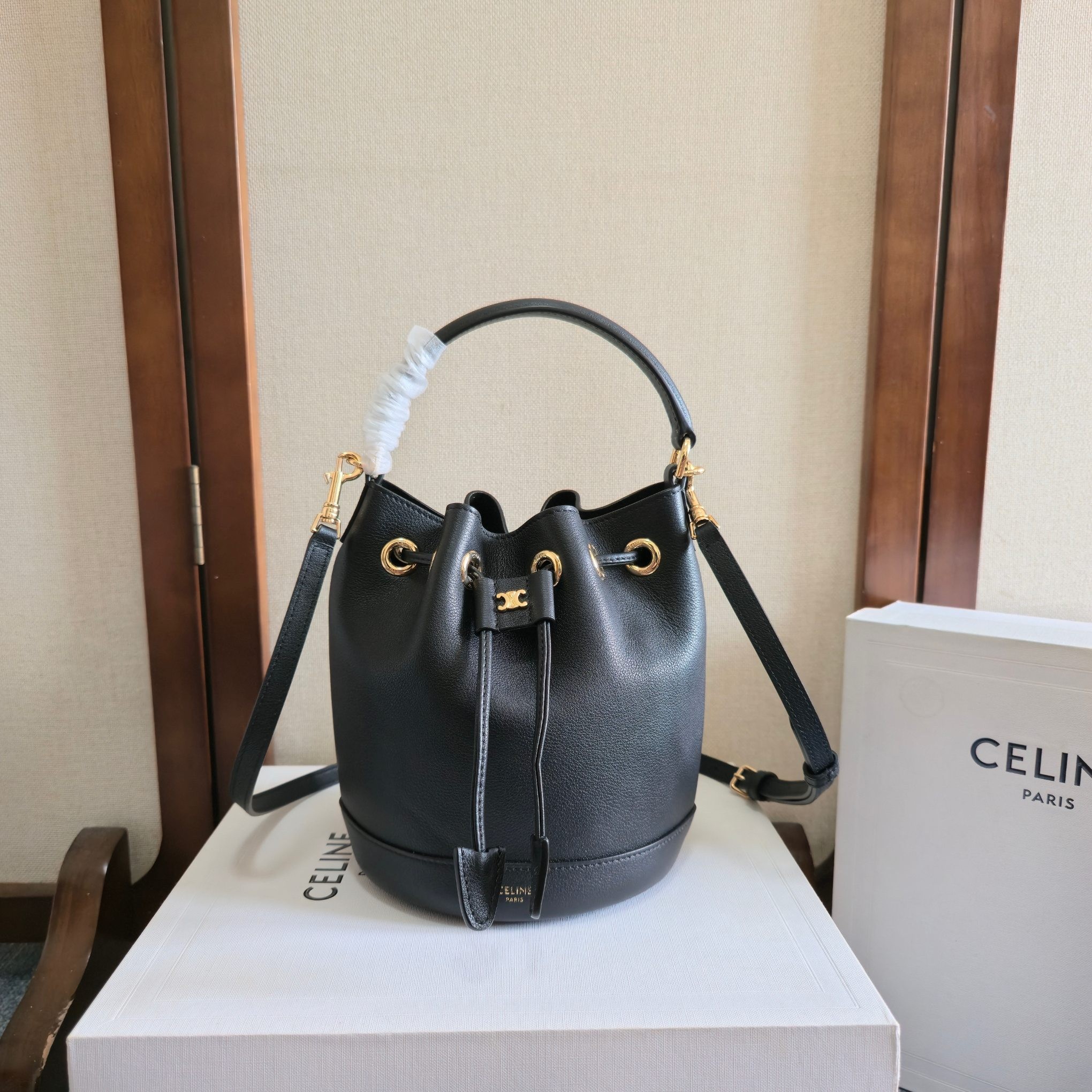 Celine Small Triomphe Monogram Grained Leather Metal Logo Drawstring Crossbody Bucket Bag - KAIROO