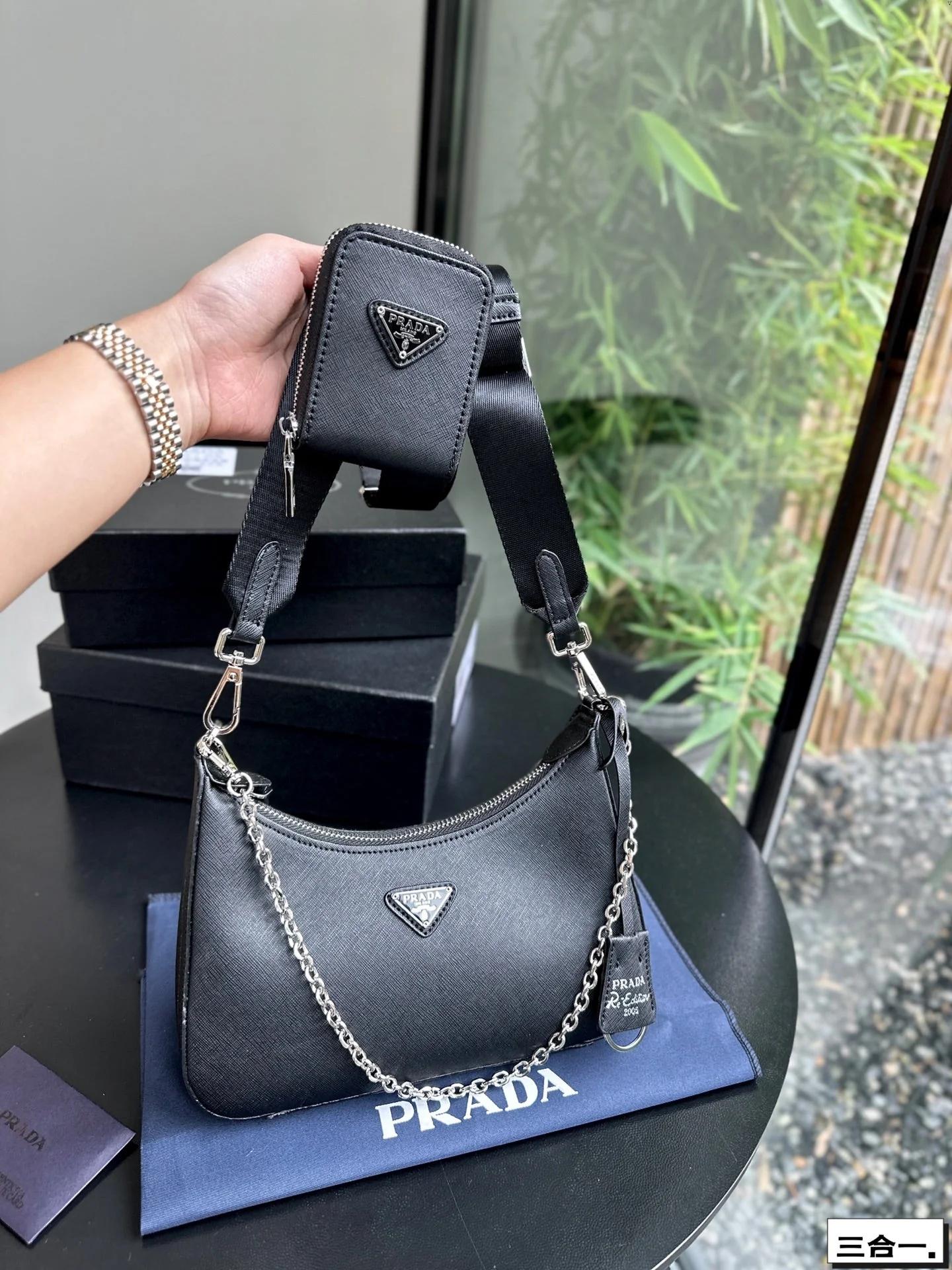 Prada 22 BAG IN BLACK SATIN WITH RHINSTONE SILVER HARDWARE