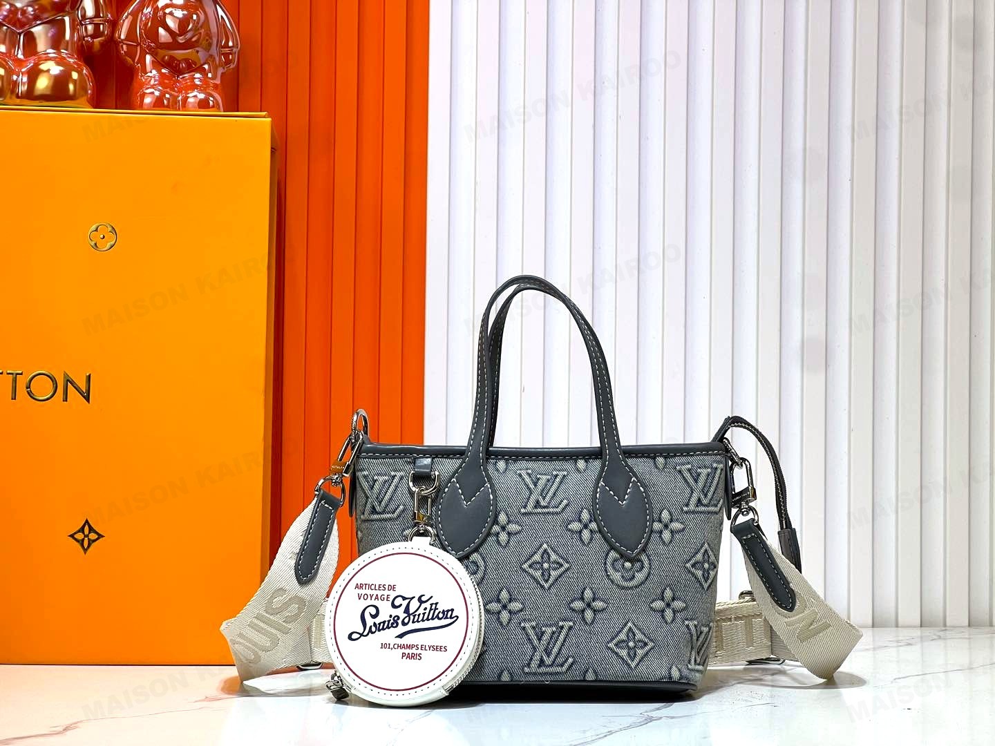 Louis Vuitton LV Neverfull BB Grey Denim Raised Embossed Monogram Tote Bag With Round Pouch - KAIROO