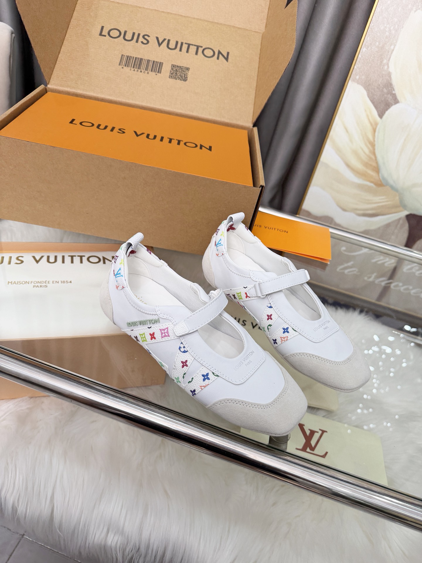 Louis Vuitton X Takashi Murakami Multicolor White Leather Suede Velcro Strap Mary Jane Low Top Sneaker - KAIROO
