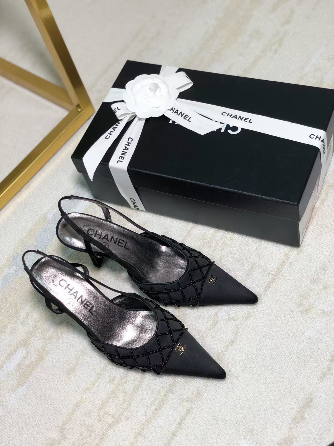 Chanel Black CC Logo Crystal Quilted Satin Pointed Pumps Slingback Heels - KAIROO