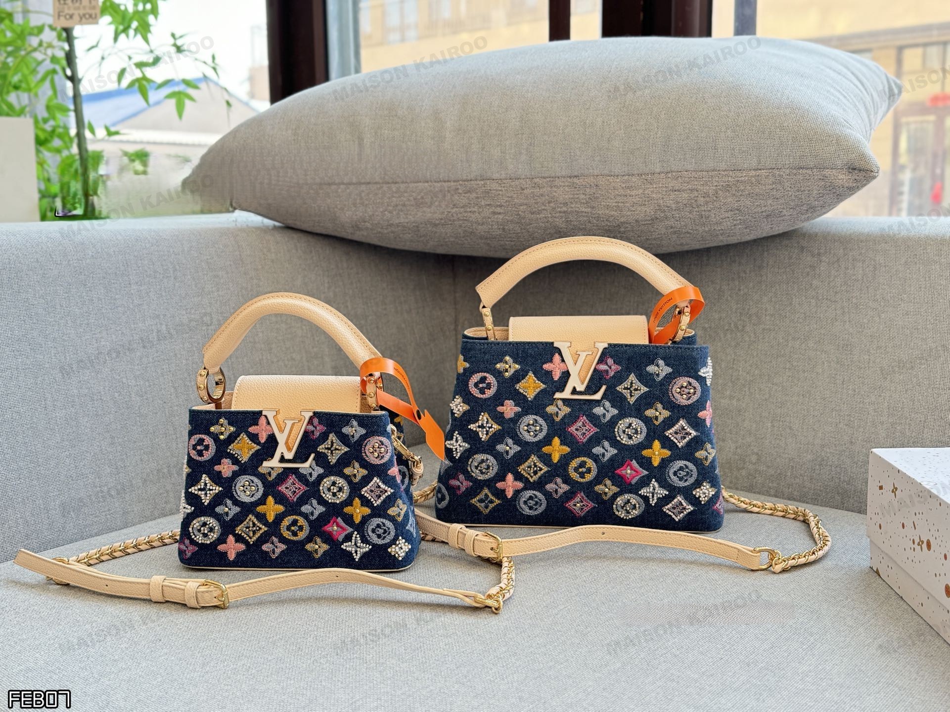 Louis Vuitton LV Capucines BB/Mini Enamel Inlay Logo Denim Multicolor Embroidery Leather Top Handle Bag - KAIROO