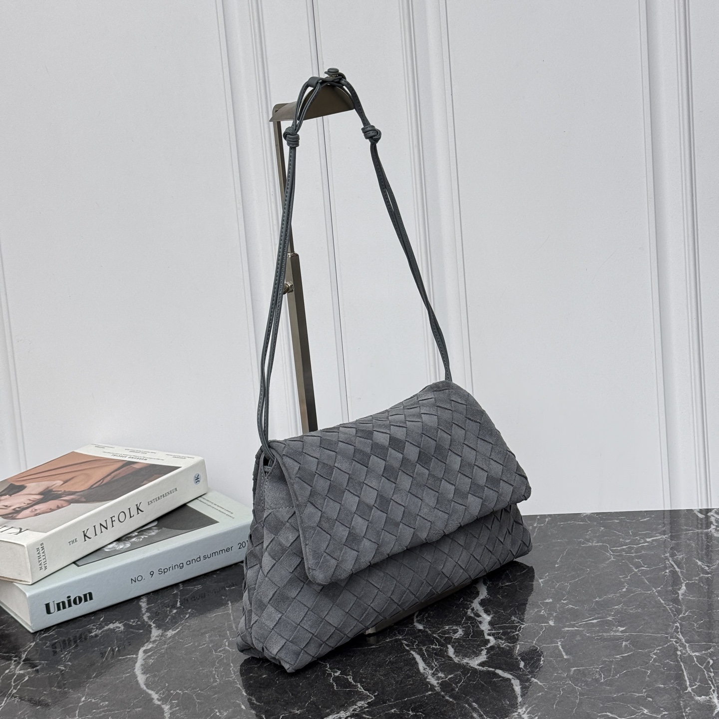 Bottega Veneta Giorno Flap Bag in Grey Intrecciato suede