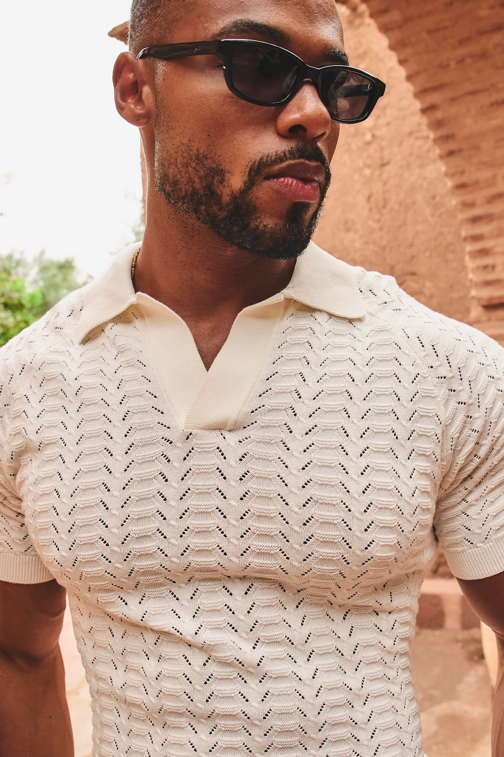 Pointelle Knitted Open Collar Polo Shirt in Chalk