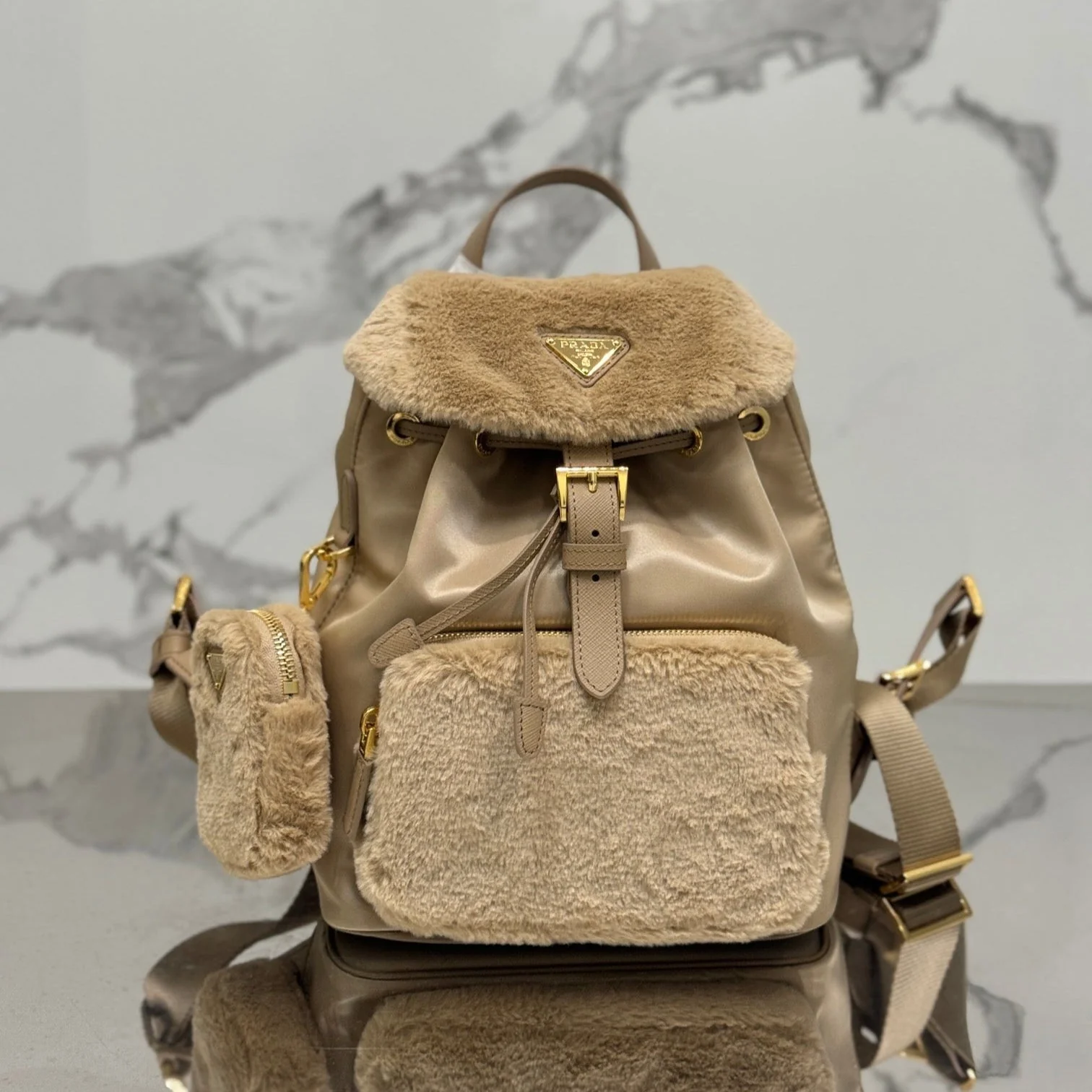 Prada BACKPACK 25 IN BEIGE PARACHUTE FABRIC AND RABBIT FUR