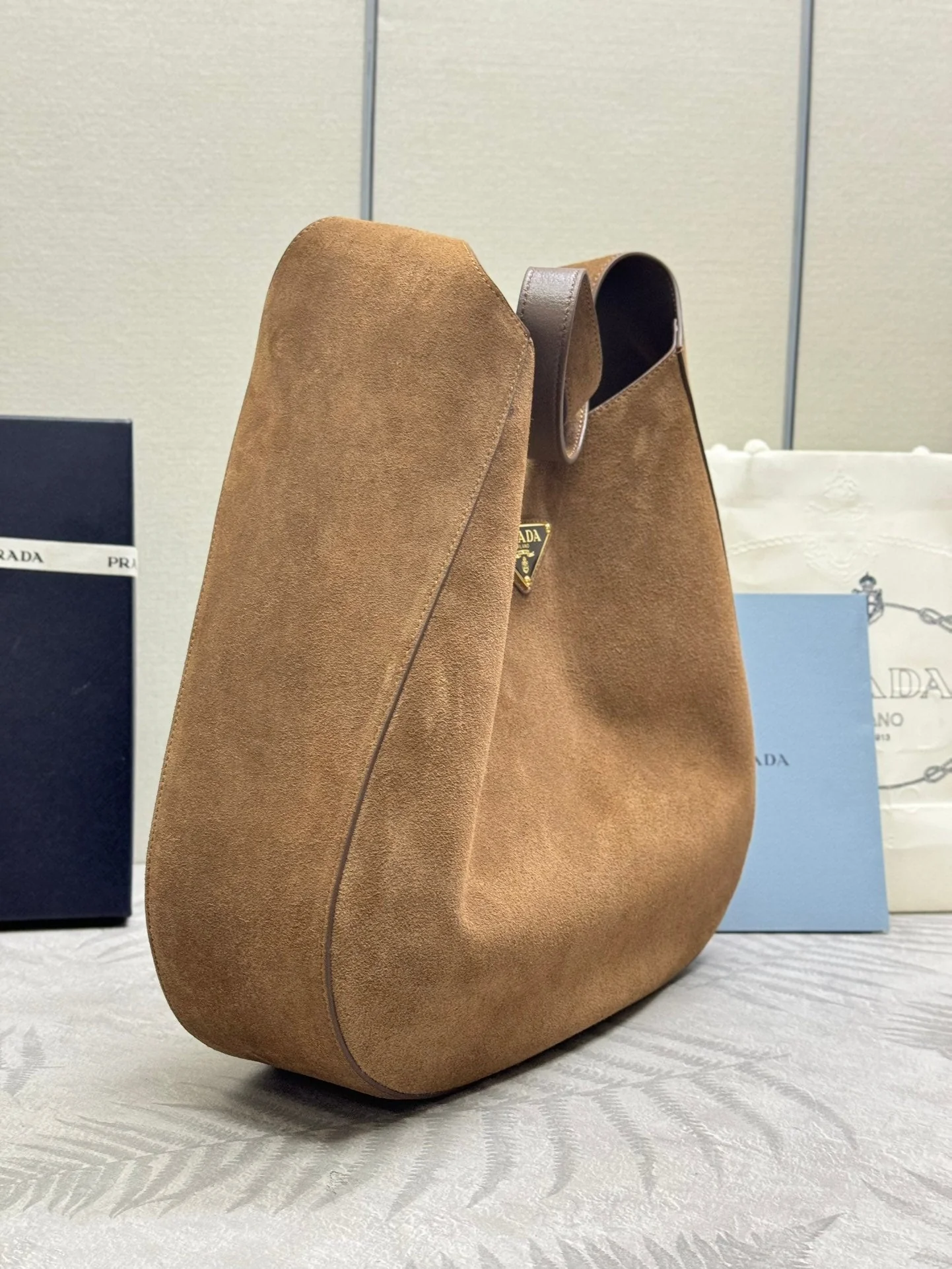 Prada LARGE SHOULDER BAG 40 IN RUSSET BROWN SUEDE