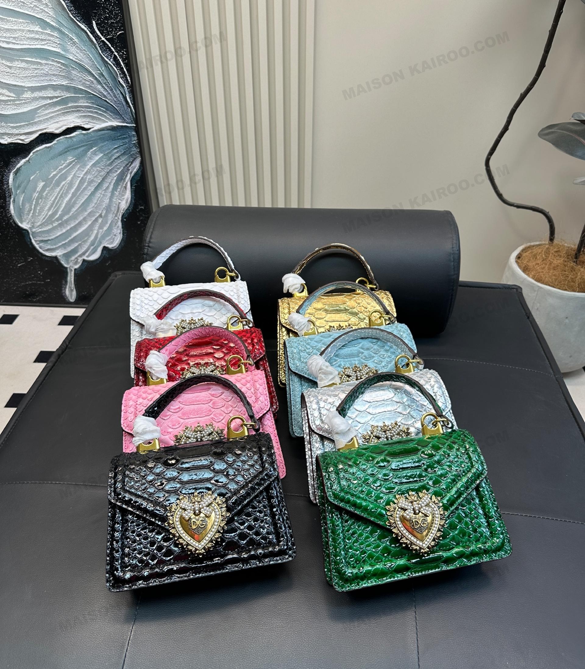 Dolce & Gabbana DG Devotion Small Gloss Croc Embossed Leather Bejeweled Heart Envelope Top Handle Shoulder Bag - KAIROO